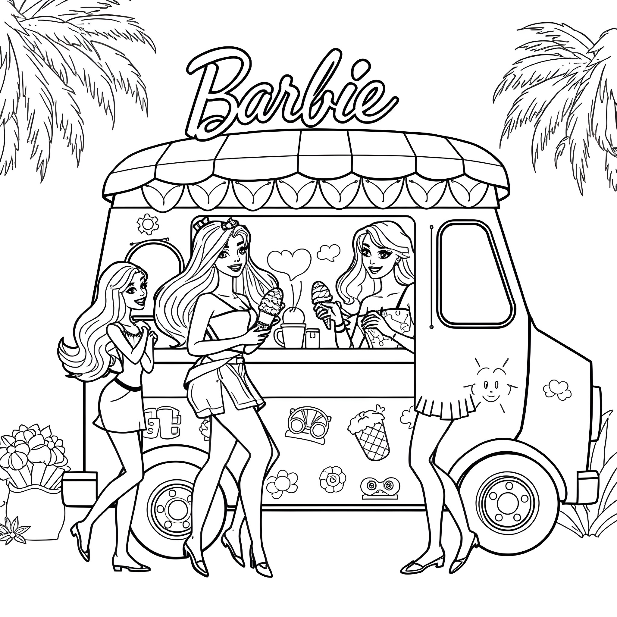 Barbie friends enjoy ice cream from a food truck Coloring Page (free black-and-white line drawing printable PDF for all, from beginners to advanced learners, including children, teens, adults, and seniors)