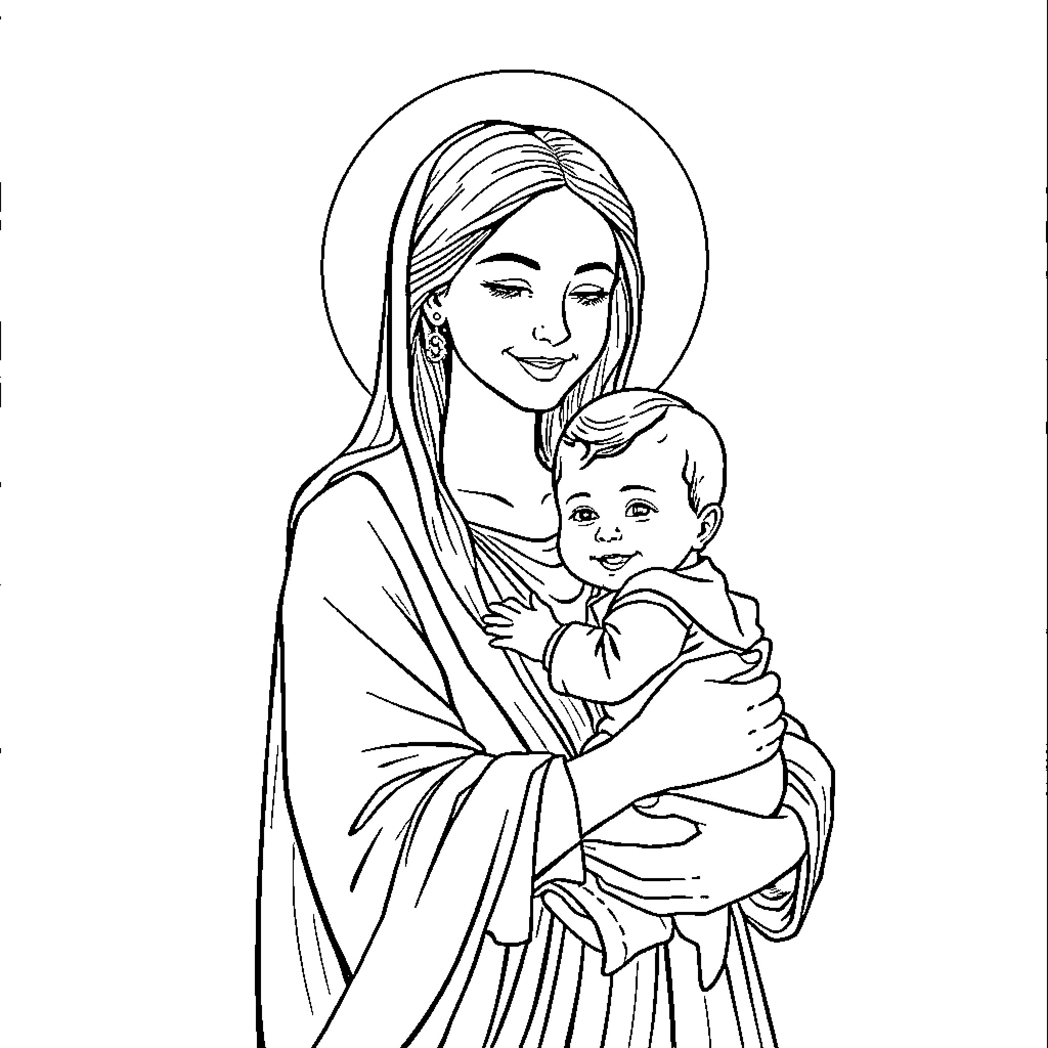 Madonna with child in loving embrace Coloring Page (free black-and-white line drawing printable PDF for all, from beginners to advanced learners, including children, teens, adults, and seniors)