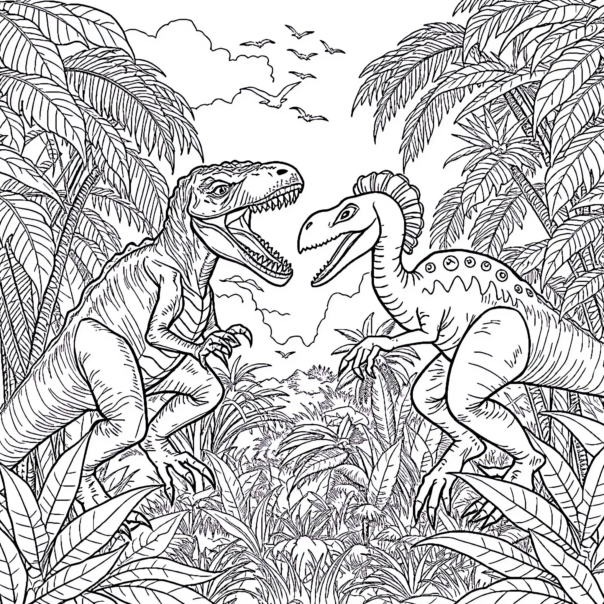 Raptor Encounter in the Lush Jungle Coloring Page (free black-and-white line drawing printable PDF for all, from beginners to advanced learners, including children, teens, adults, and seniors)