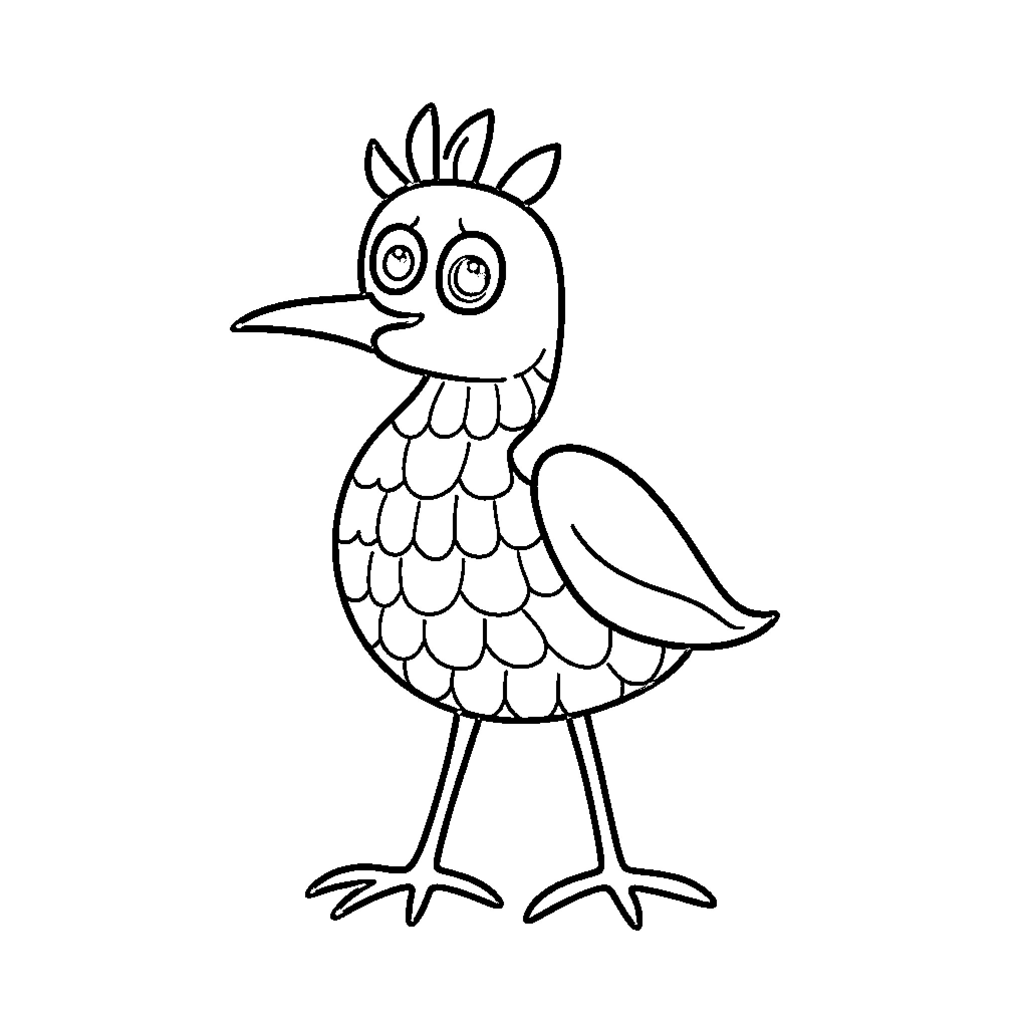 Drawing of a whimsical bird with large eyes Coloring Page (free black-and-white line drawing printable PDF for all, from beginners to advanced learners, including children, teens, adults, and seniors)
