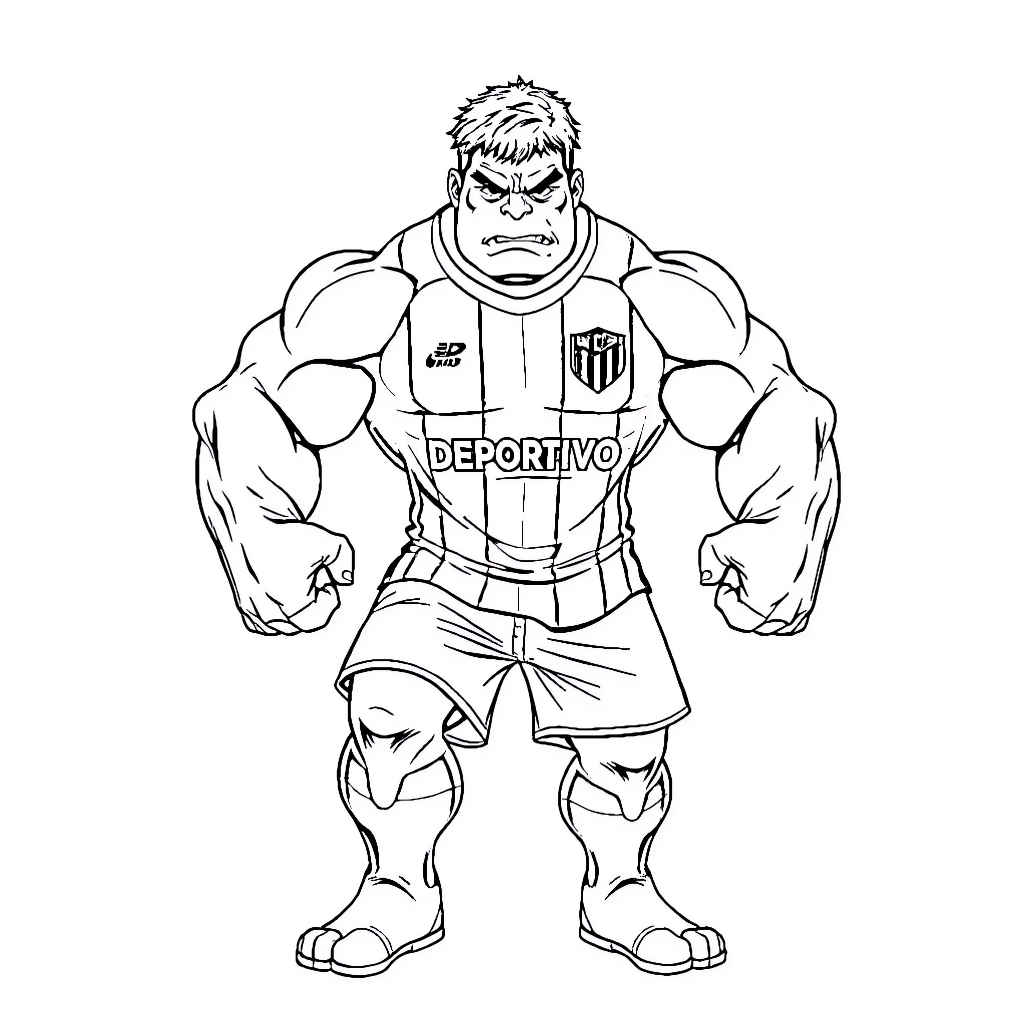 Hulk Athlete Flexing Muscles in Sports Uniform Coloring Page (free black-and-white line drawing printable PDF for all, from beginners to advanced learners, including children, teens, adults, and seniors)