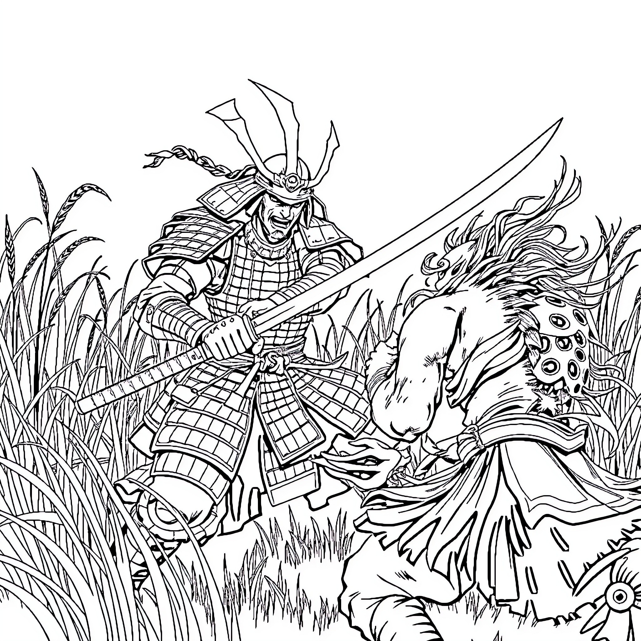 Samurai Warrior Battling Fierce Beast in the Wilderness Coloring Page (free black-and-white line drawing printable PDF for all, from beginners to advanced learners, including children, teens, adults, and seniors)