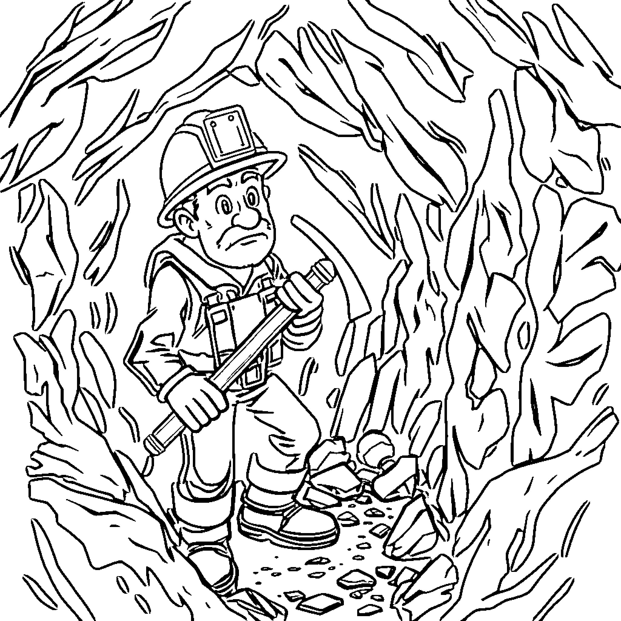 Miner navigating through rocky terrain Coloring Page (free black-and-white line drawing printable PDF for all, from beginners to advanced learners, including children, teens, adults, and seniors)