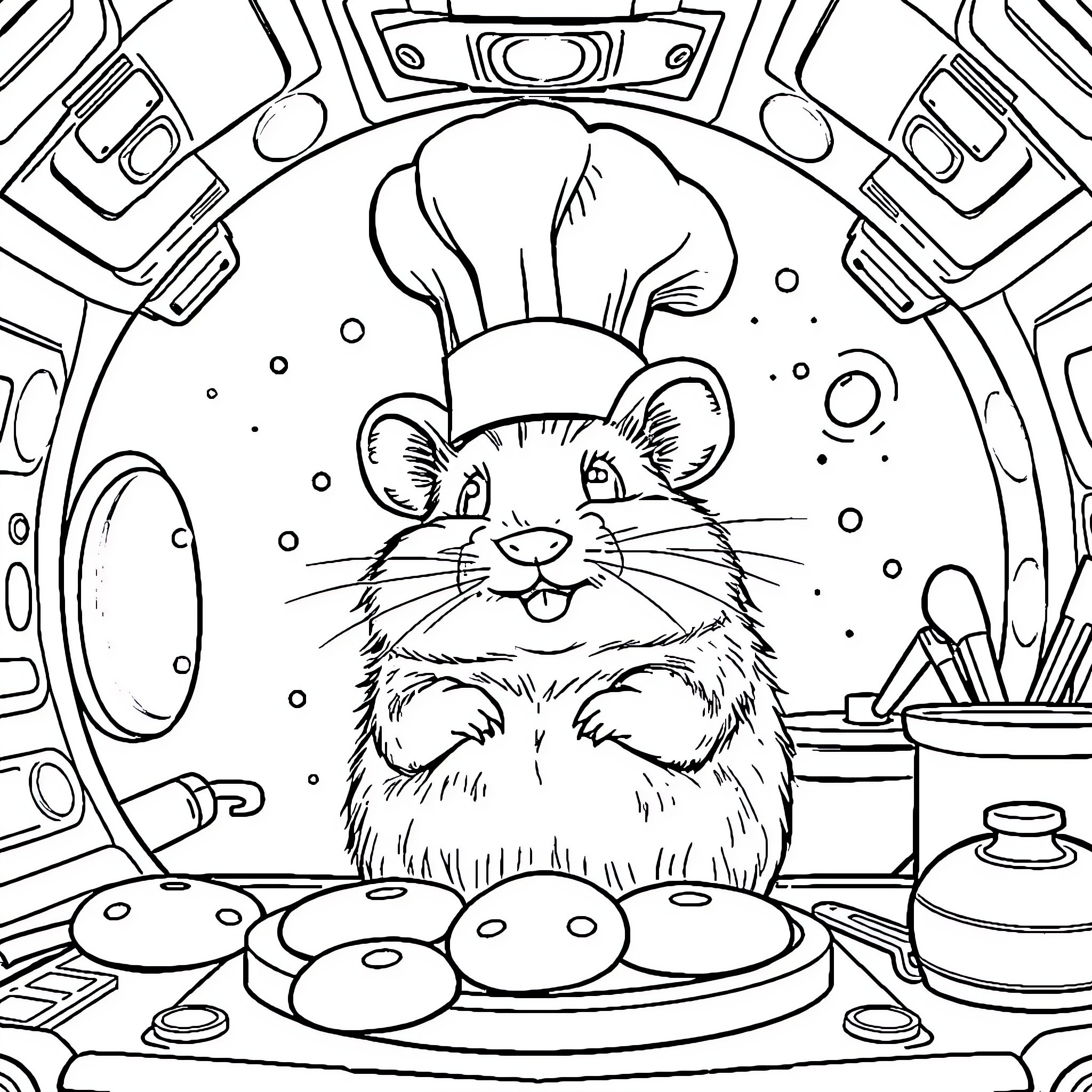 Hamster chef preparing delicious treats in the kitchen Coloring Page (free black-and-white line drawing printable PDF for all, from beginners to advanced learners, including children, teens, adults, and seniors)