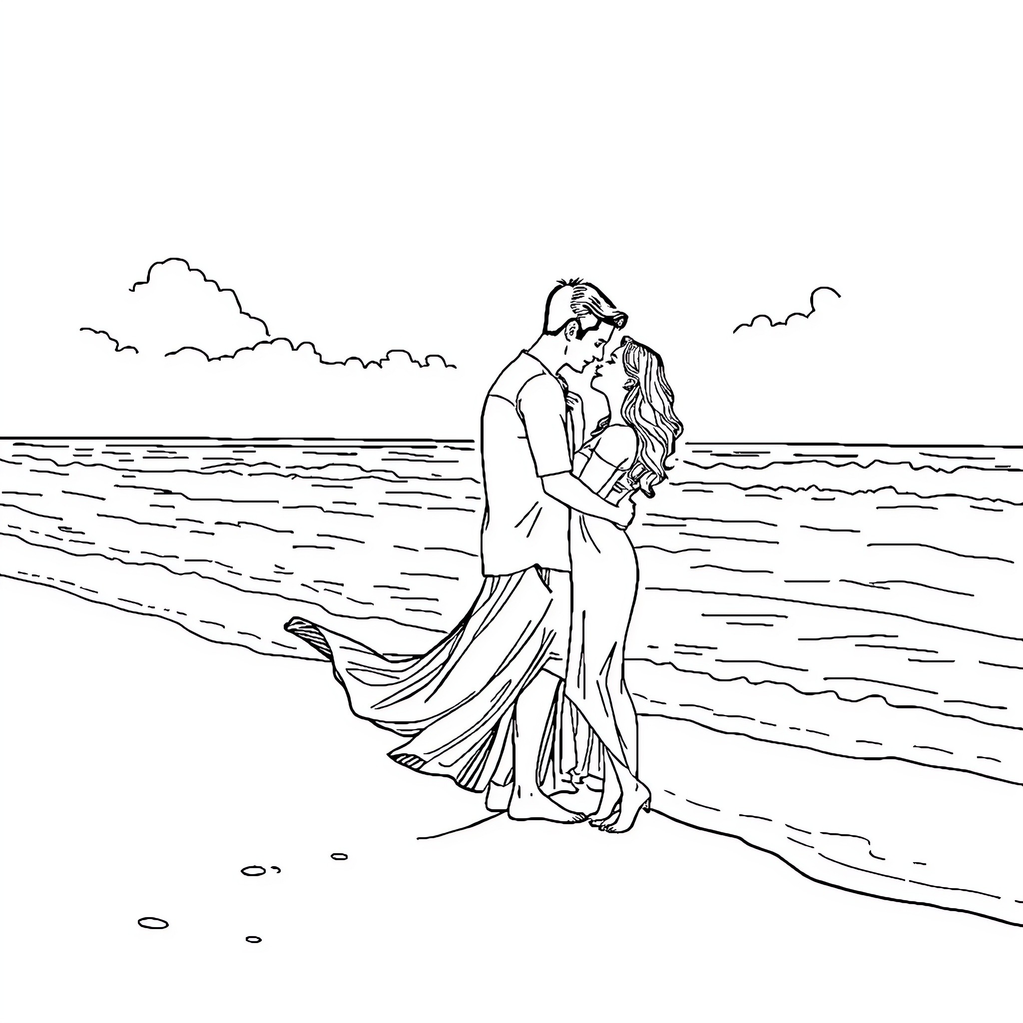 Beach romance at sunset Coloring Page (free black-and-white line drawing printable PDF for all, from beginners to advanced learners, including children, teens, adults, and seniors)