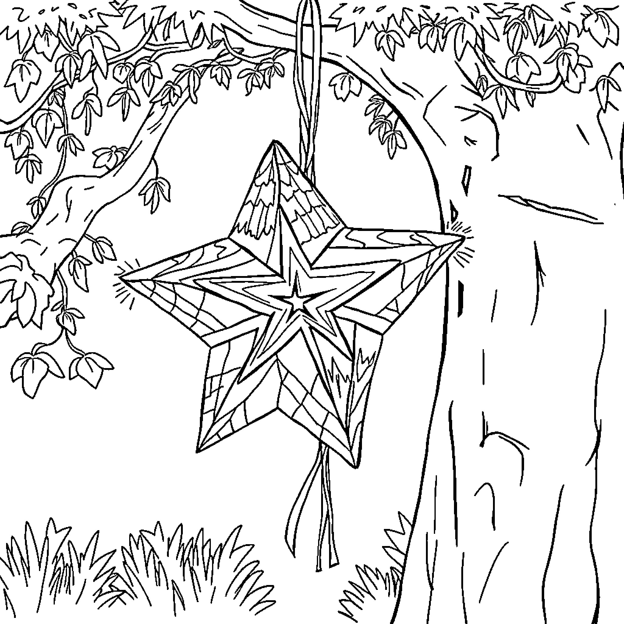 Pinata star hanging in the forest Coloring Page (free black-and-white line drawing printable PDF for all, from beginners to advanced learners, including children, teens, adults, and seniors)