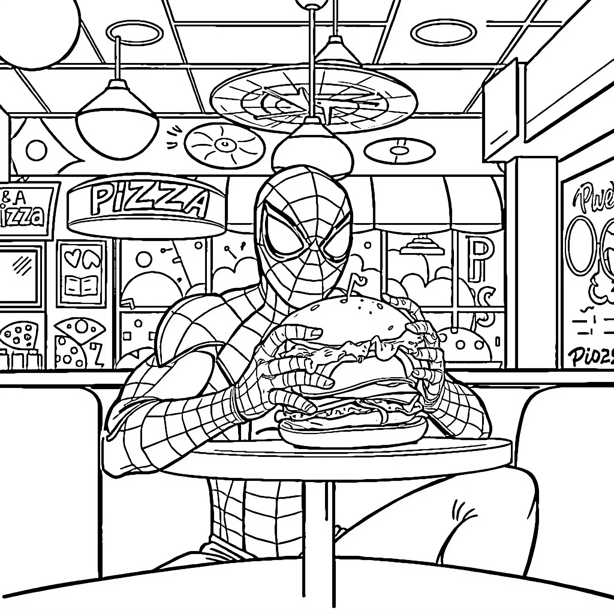 Spider-Man Enjoying a Tasty Meal in a Pizza Parlor Coloring Page (free black-and-white line drawing printable PDF for all, from beginners to advanced learners, including children, teens, adults, and seniors)