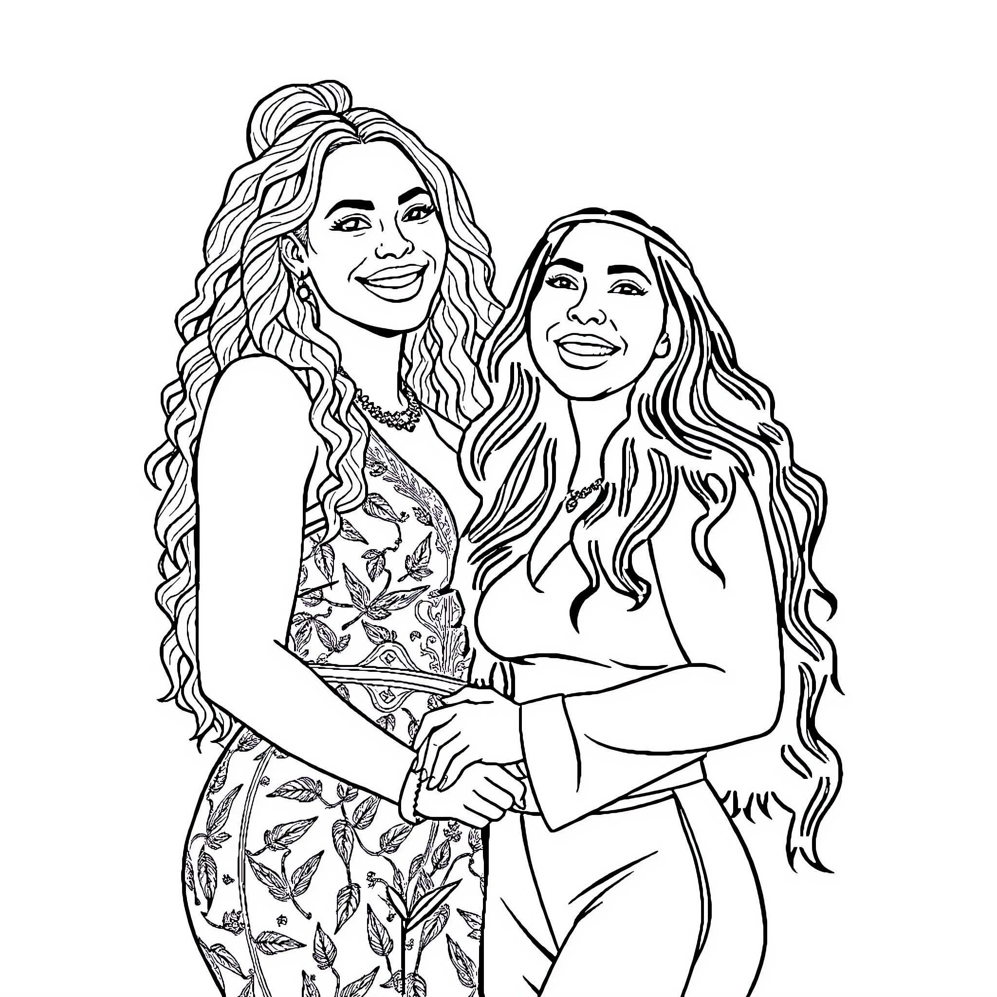 Beyonce and her friend posing together Coloring Page (free black-and-white line drawing printable PDF for all, from beginners to advanced learners, including children, teens, adults, and seniors)