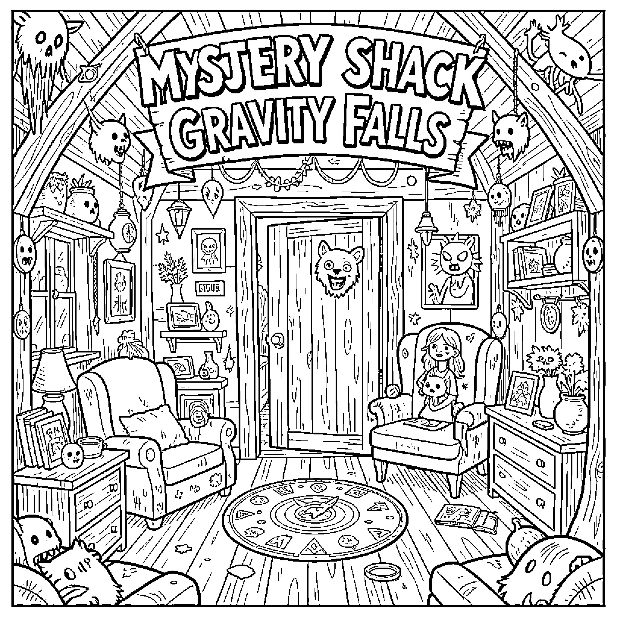 Mystery Shack filled with various creatures and cozy furniture Coloring Page (free black-and-white line drawing printable PDF for all, from beginners to advanced learners, including children, teens, adults, and seniors)
