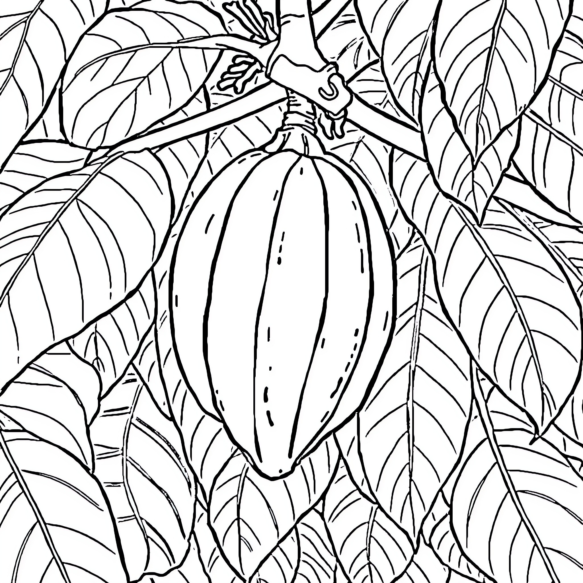 Cacao pod growing amidst lush foliage Coloring Page (free black-and-white line drawing printable PDF for all, from beginners to advanced learners, including children, teens, adults, and seniors)