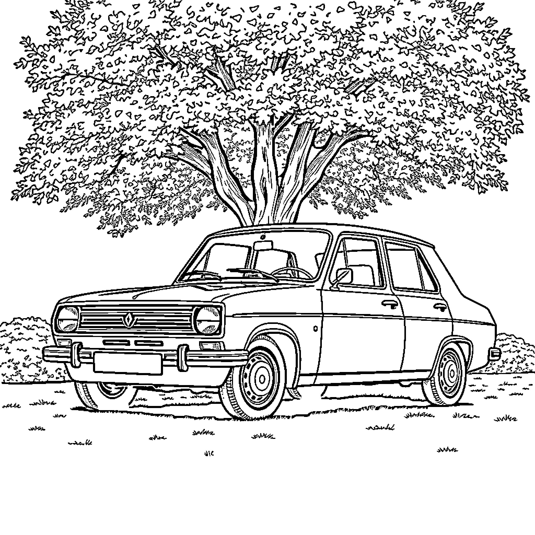 Renault 16 parked under a blooming tree Coloring Page (free black-and-white line drawing printable PDF for all, from beginners to advanced learners, including children, teens, adults, and seniors)