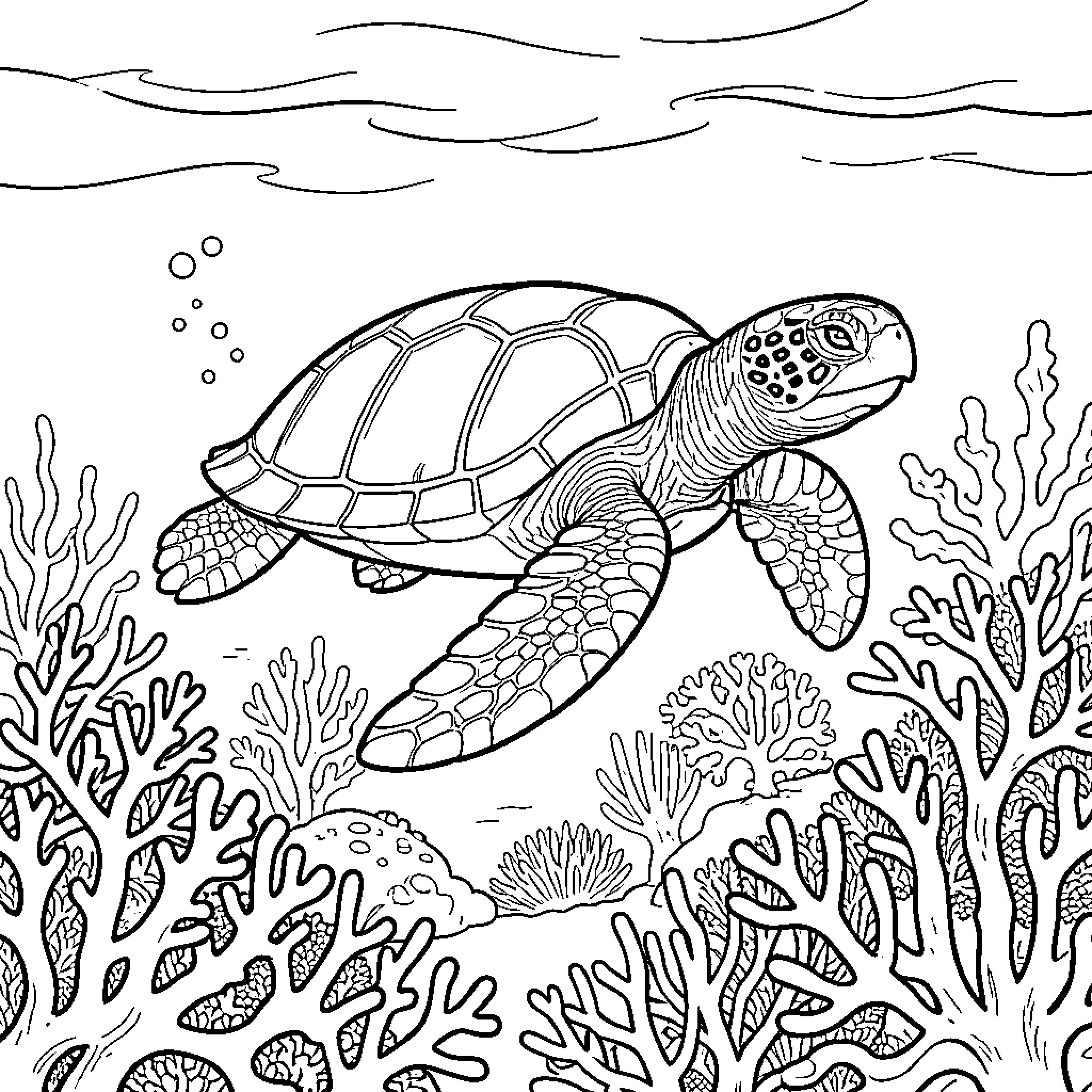 Turtle swimming gracefully through a coral reef Coloring Page (free black-and-white line drawing printable PDF for all, from beginners to advanced learners, including children, teens, adults, and seniors)