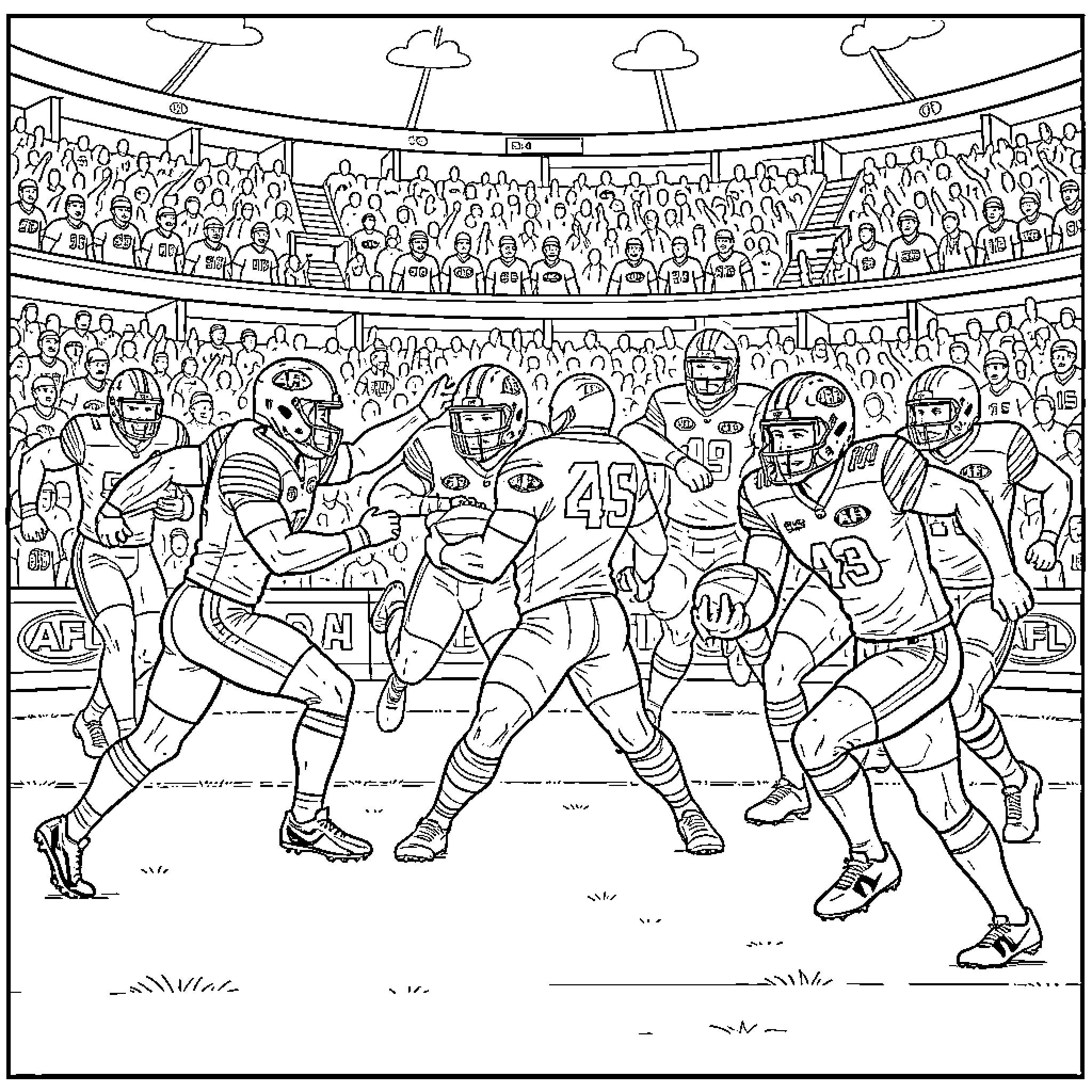 AFL Football players competing intensely during a stadium match Coloring Page (free black-and-white line drawing printable PDF for all, from beginners to advanced learners, including children, teens, adults, and seniors)
