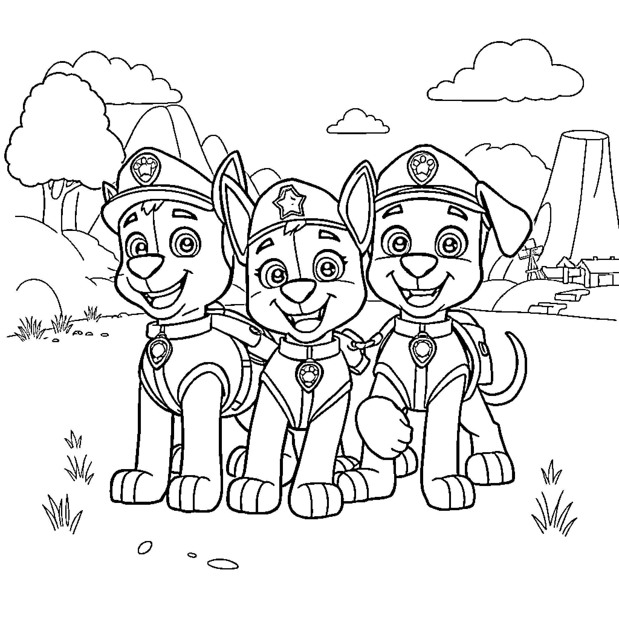 Paw Patrol Pups on Patrol in Adventure Bay Coloring Page (free black-and-white line drawing printable PDF for all, from beginners to advanced learners, including children, teens, adults, and seniors)