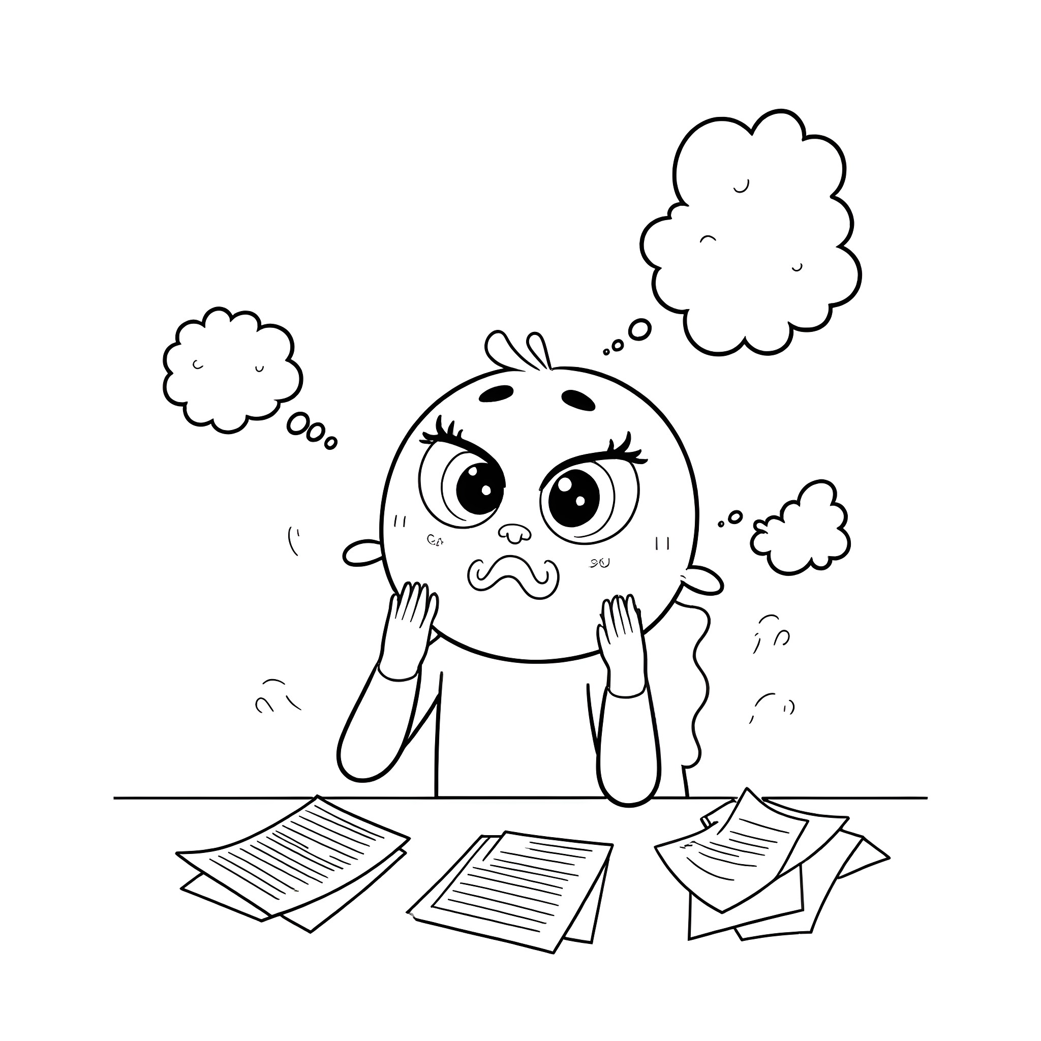 Face of cartoon character with confused expression and scattered papers Coloring Page (free black-and-white line drawing printable PDF for all, from beginners to advanced learners, including children, teens, adults, and seniors)