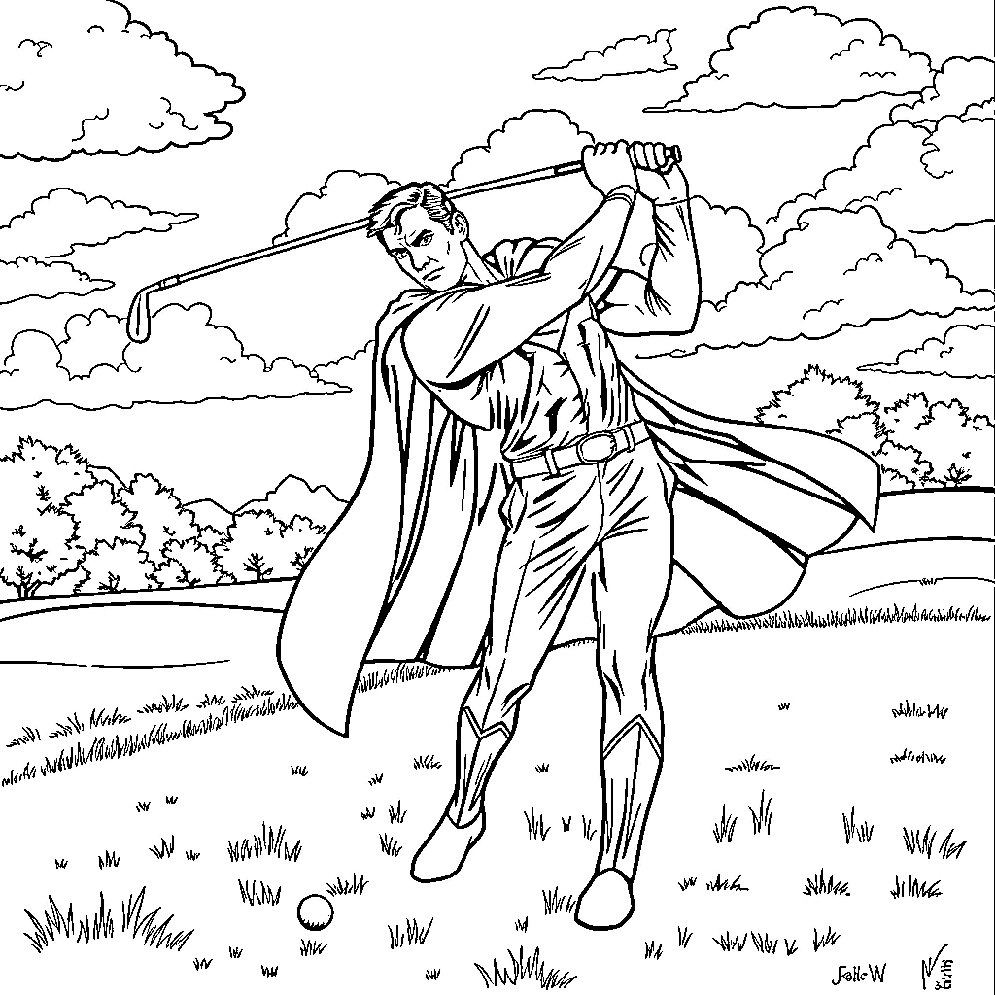Superman soaring through the sky in action pose Coloring Page (free black-and-white line drawing printable PDF for all, from beginners to advanced learners, including children, teens, adults, and seniors)