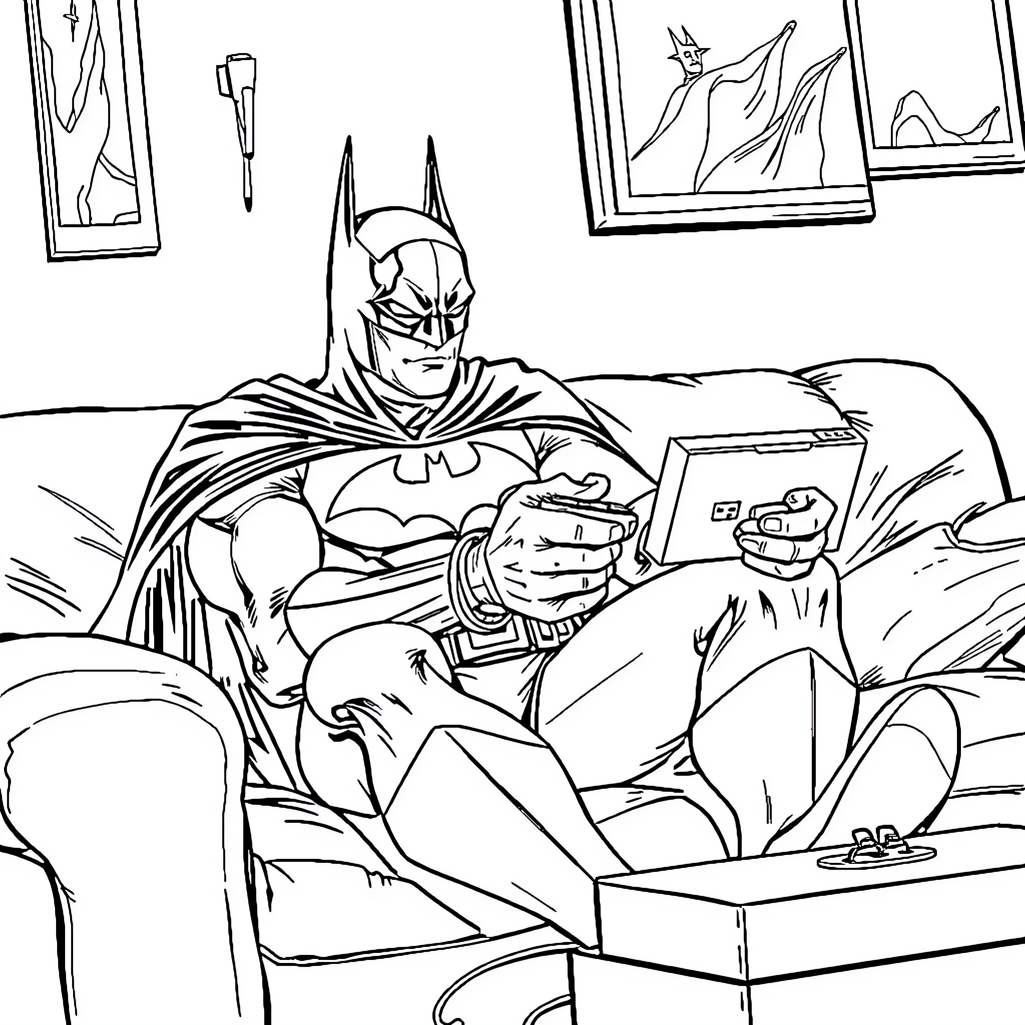 Batman relaxing at home with a video game Coloring Page (free black-and-white line drawing printable PDF for all, from beginners to advanced learners, including children, teens, adults, and seniors)