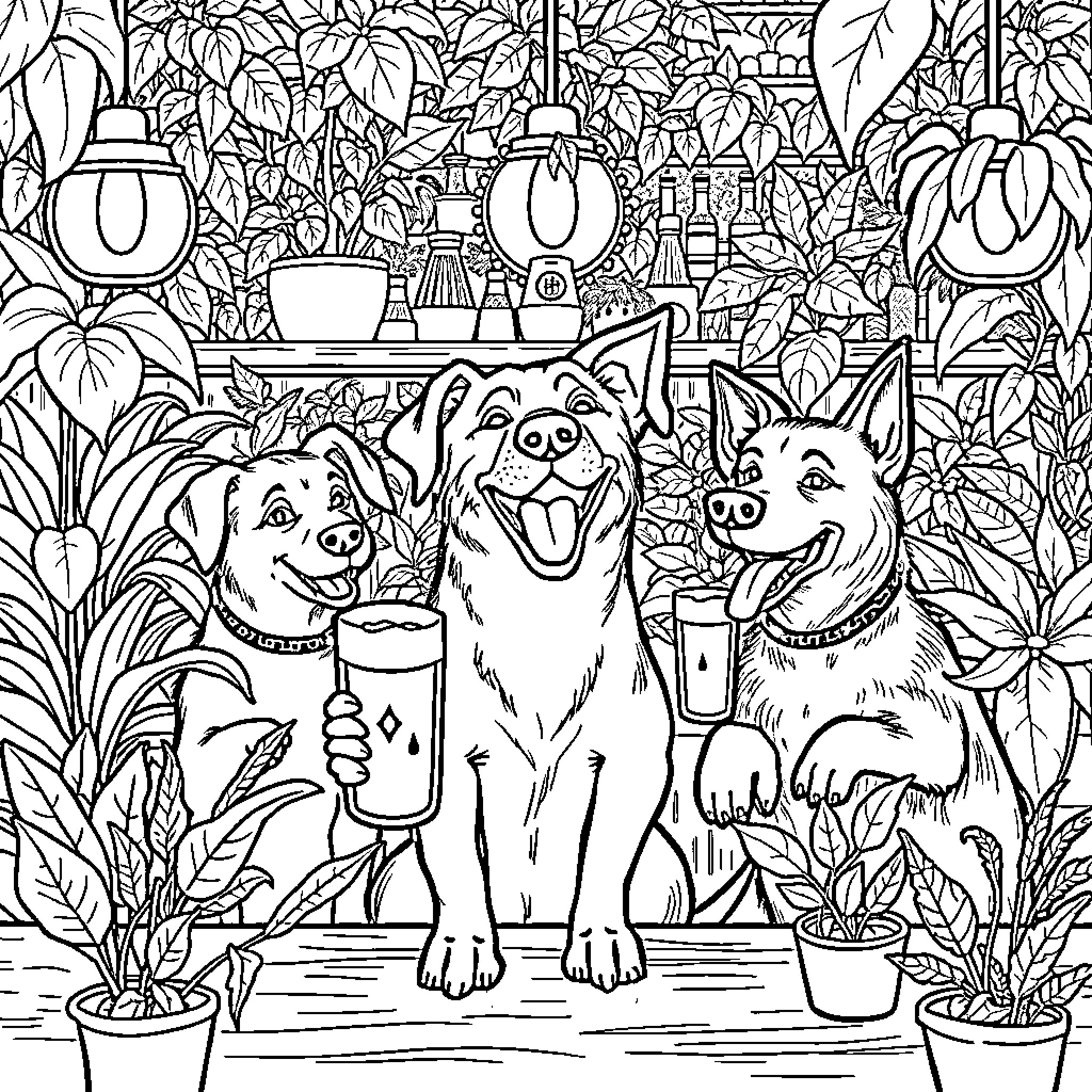 Dogs enjoying refreshing drinks in a lush garden Coloring Page (free black-and-white line drawing printable PDF for all, from beginners to advanced learners, including children, teens, adults, and seniors)