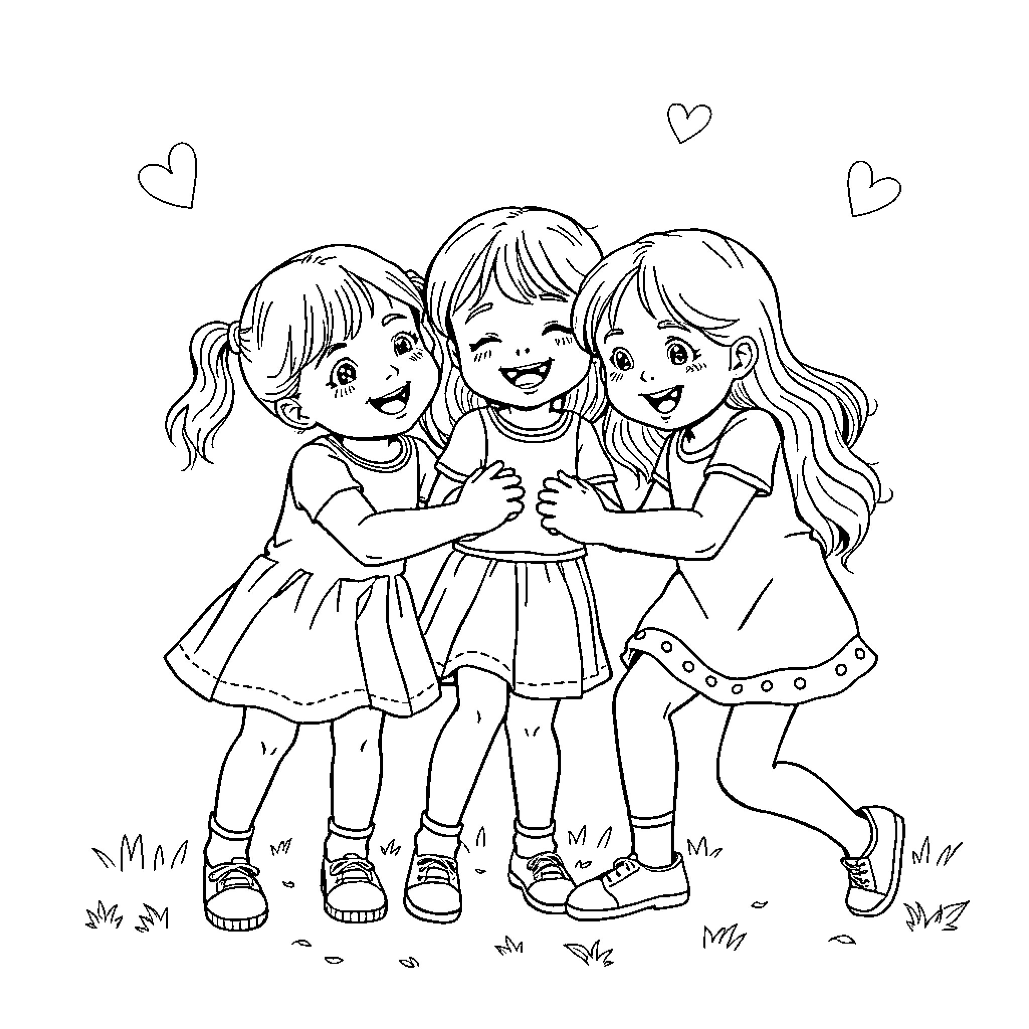 Girl friends hugging and smiling happily Coloring Page (free black-and-white line drawing printable PDF for all, from beginners to advanced learners, including children, teens, adults, and seniors)