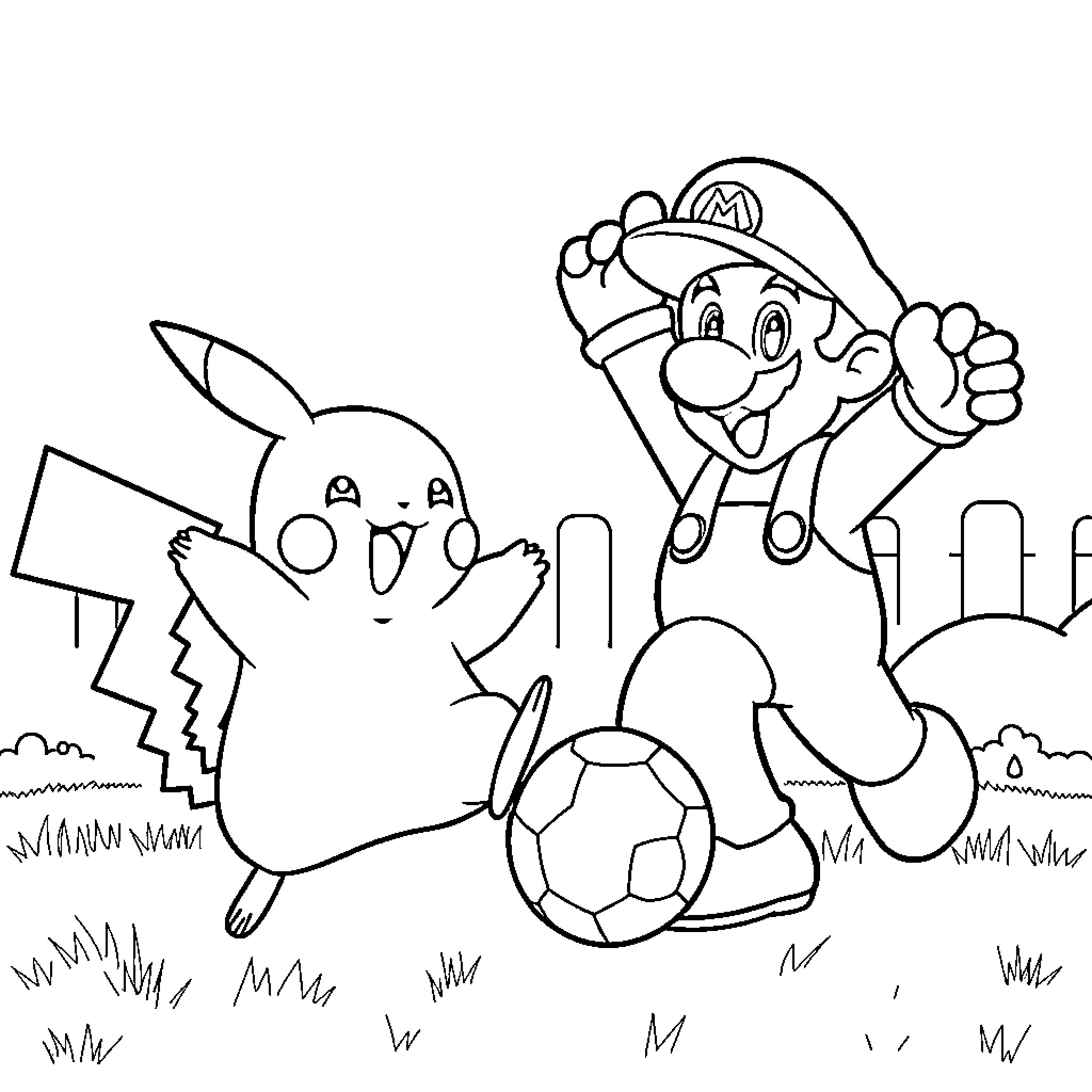 Pikachu and Mario playing soccer together in a field Coloring Page (free black-and-white line drawing printable PDF for all, from beginners to advanced learners, including children, teens, adults, and seniors)