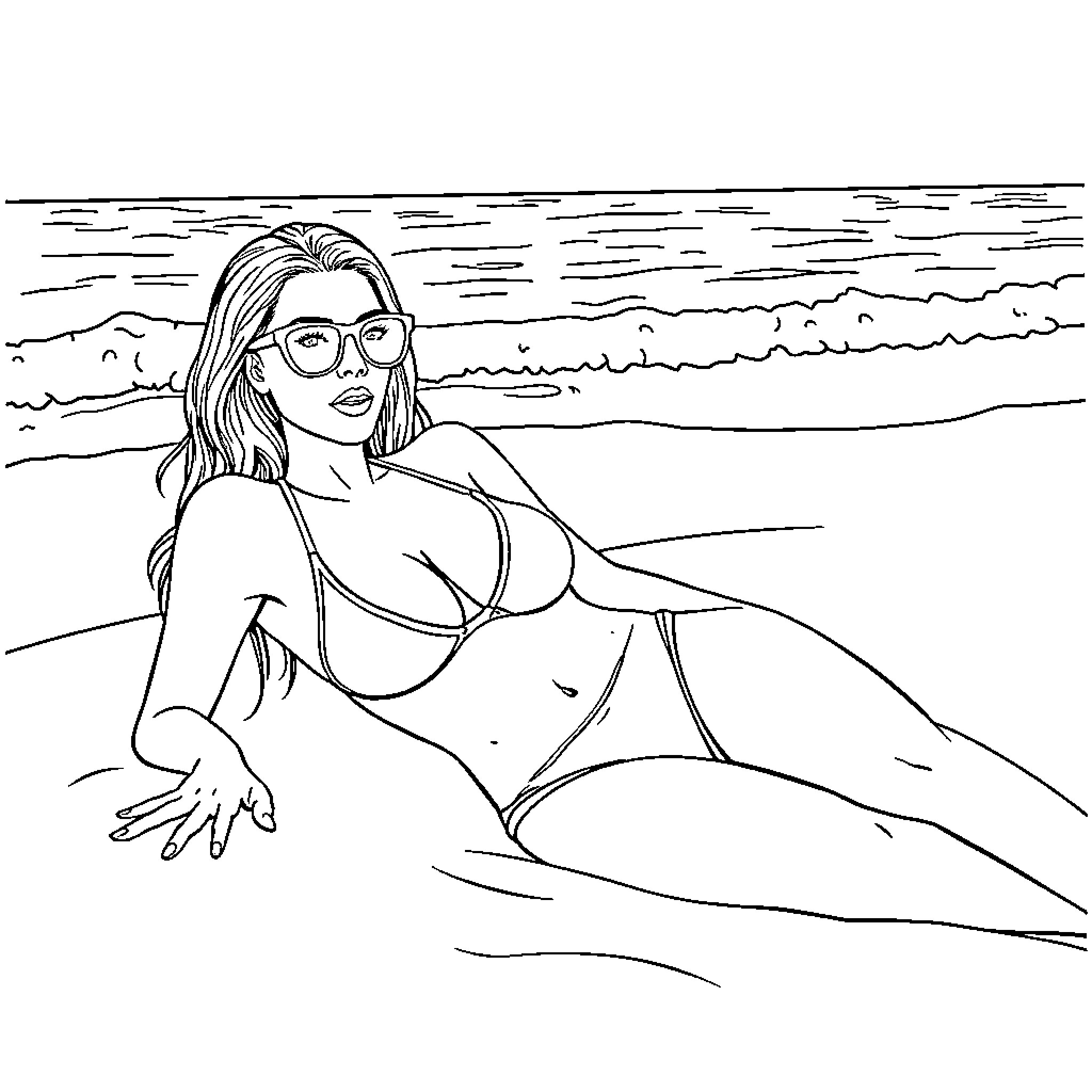 Kim Kardashian sunbathing on the beach Coloring Page (free black-and-white line drawing printable PDF for all, from beginners to advanced learners, including children, teens, adults, and seniors)