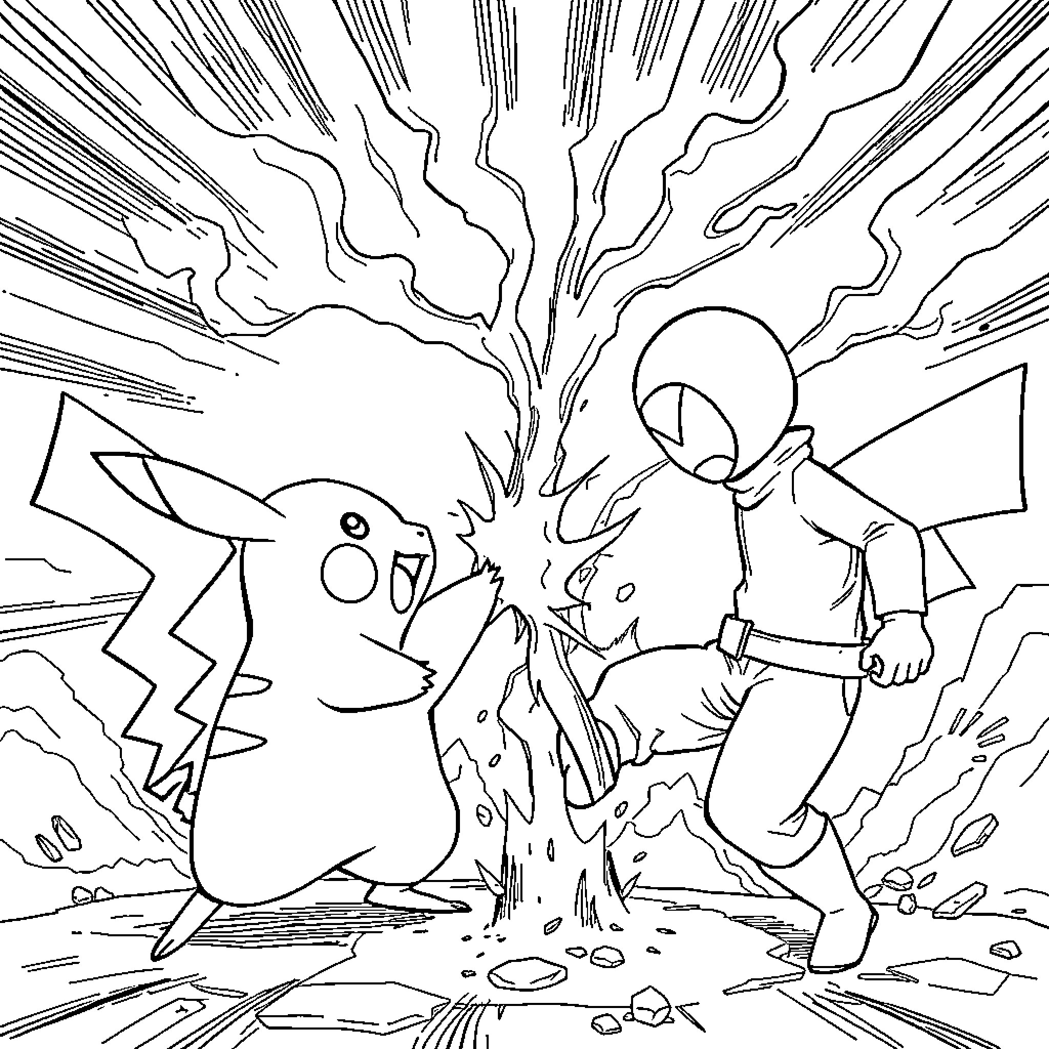 Pikachu battling with a mysterious trainer Coloring Page (free black-and-white line drawing printable PDF for all, from beginners to advanced learners, including children, teens, adults, and seniors)