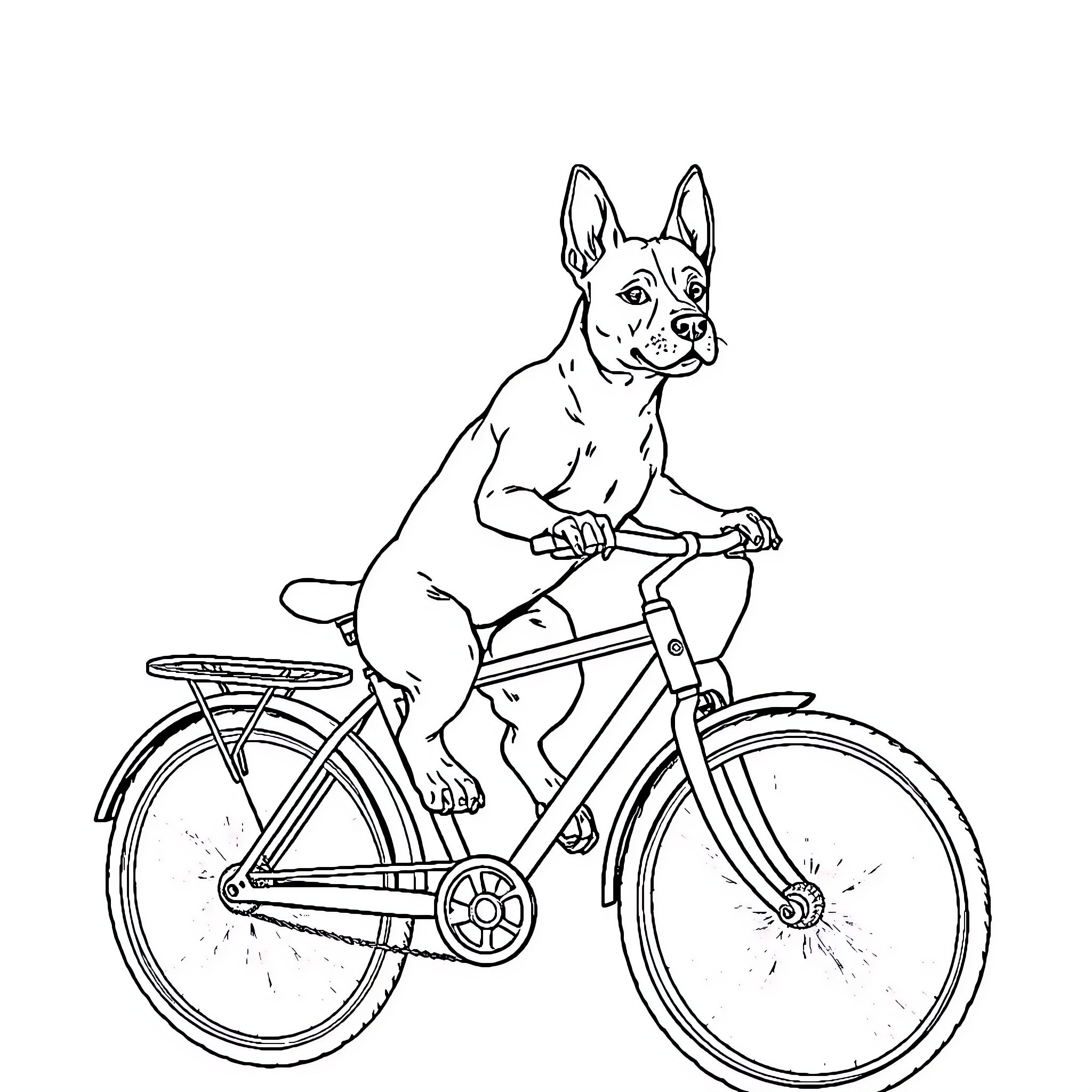 Dog riding a bicycle happily Coloring Page (free black-and-white line drawing printable PDF for all, from beginners to advanced learners, including children, teens, adults, and seniors)