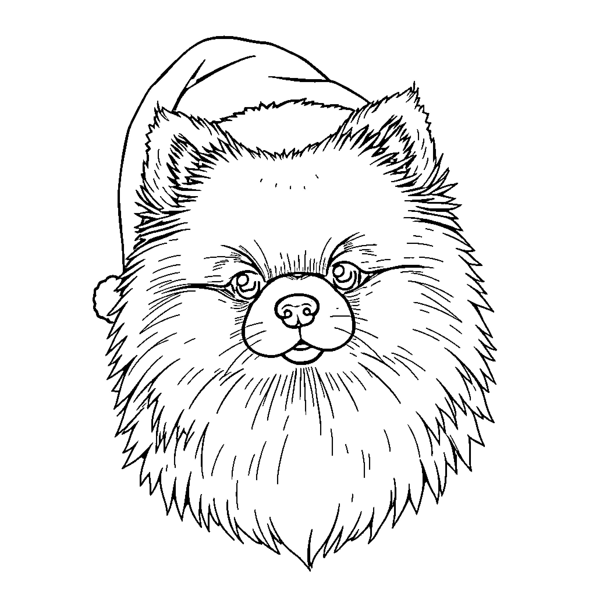 Pomeranian wearing a hat and smiling Coloring Page (free black-and-white line drawing printable PDF for all, from beginners to advanced learners, including children, teens, adults, and seniors)