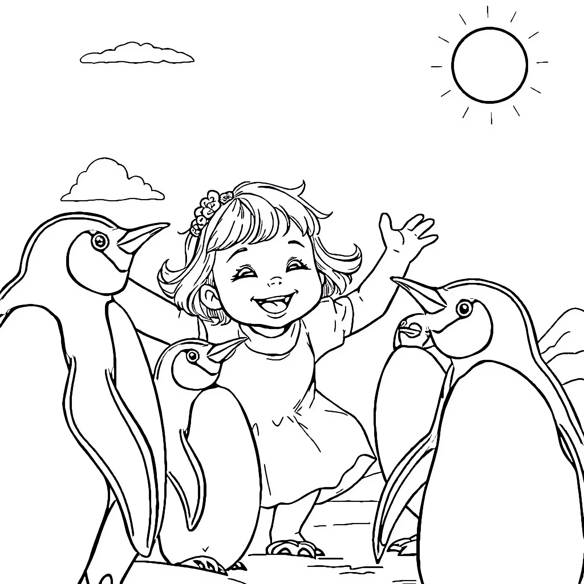 Girl happily interacting with playful penguins Coloring Page (free black-and-white line drawing printable PDF for all, from beginners to advanced learners, including children, teens, adults, and seniors)
