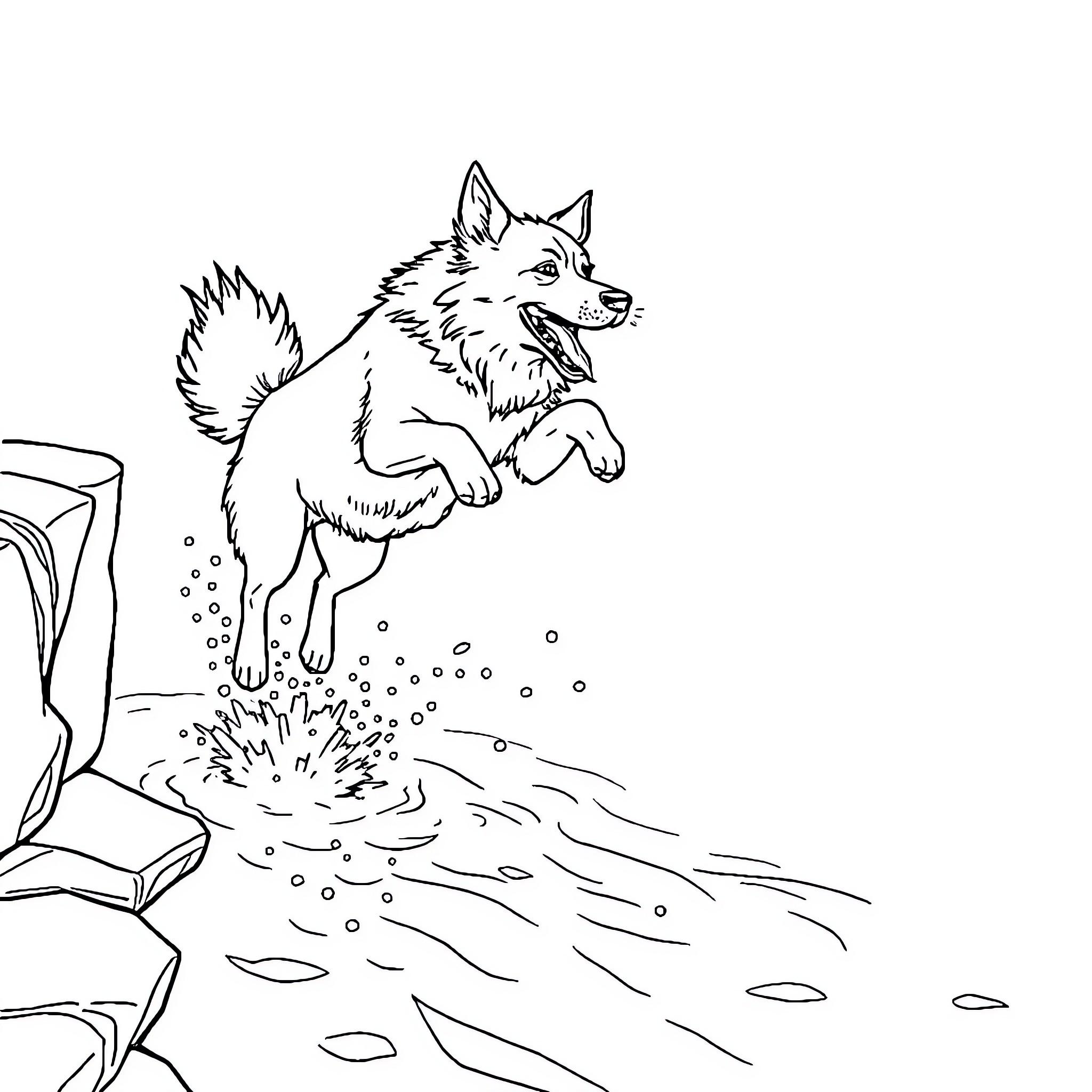 Shepherd dog running through puddles Coloring Page (free black-and-white line drawing printable PDF for all, from beginners to advanced learners, including children, teens, adults, and seniors)