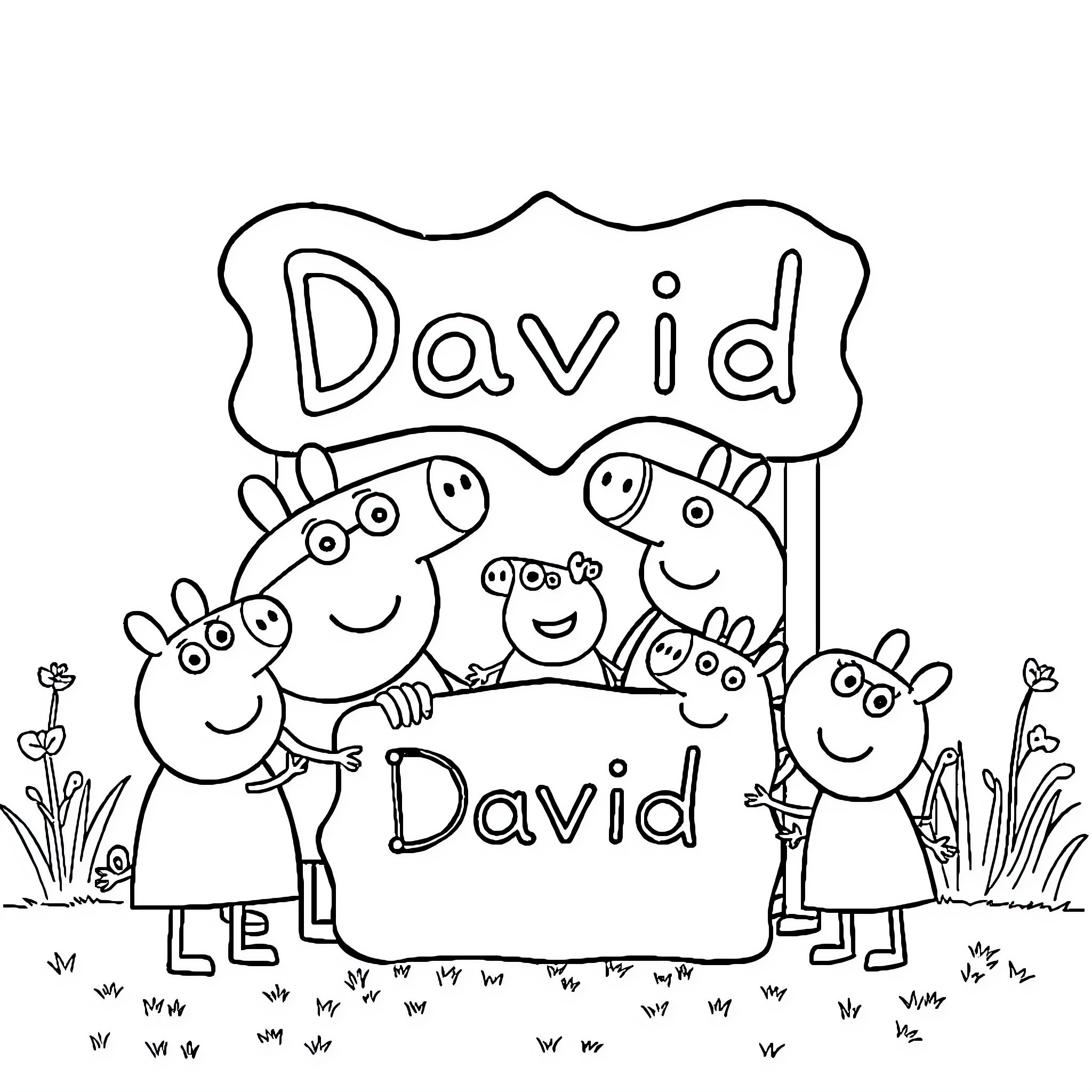 Peppa Pig family members happily playing together Coloring Page (free black-and-white line drawing printable PDF for all, from beginners to advanced learners, including children, teens, adults, and seniors)
