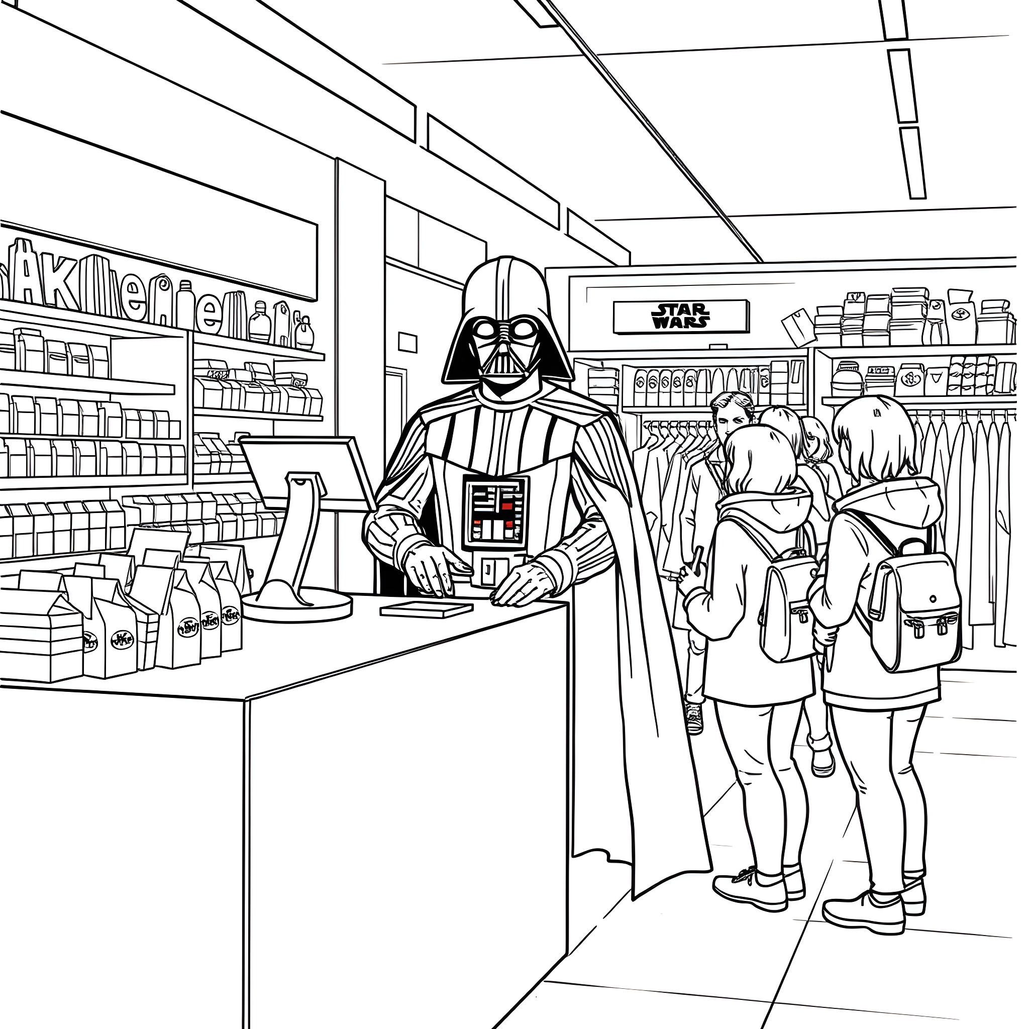 Darth Vader's Unexpected Visit to the Convenience Store Coloring Page (free black-and-white line drawing printable PDF for all, from beginners to advanced learners, including children, teens, adults, and seniors)