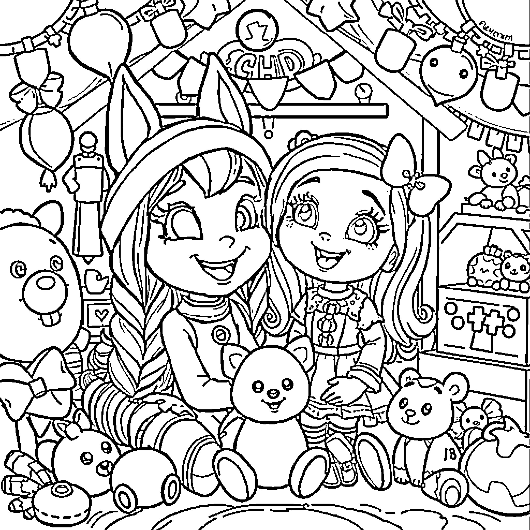 Rumi's Playful Adventures with Friends Coloring Page (free black-and-white line drawing printable PDF for all, from beginners to advanced learners, including children, teens, adults, and seniors)