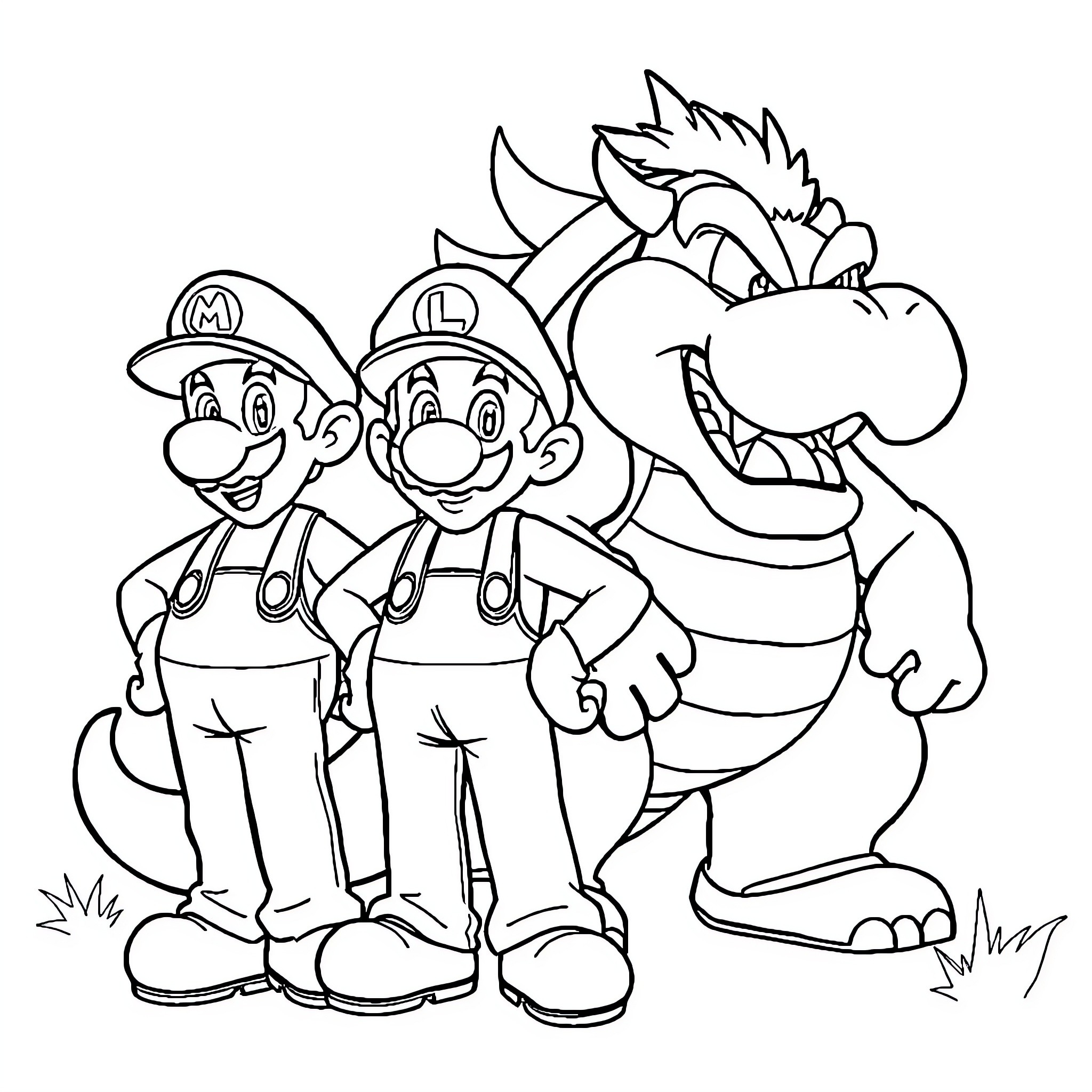 Mario and Luigi's Adventurous Encounter with a Monstrous Foe Coloring Page (free black-and-white line drawing printable PDF for all, from beginners to advanced learners, including children, teens, adults, and seniors)