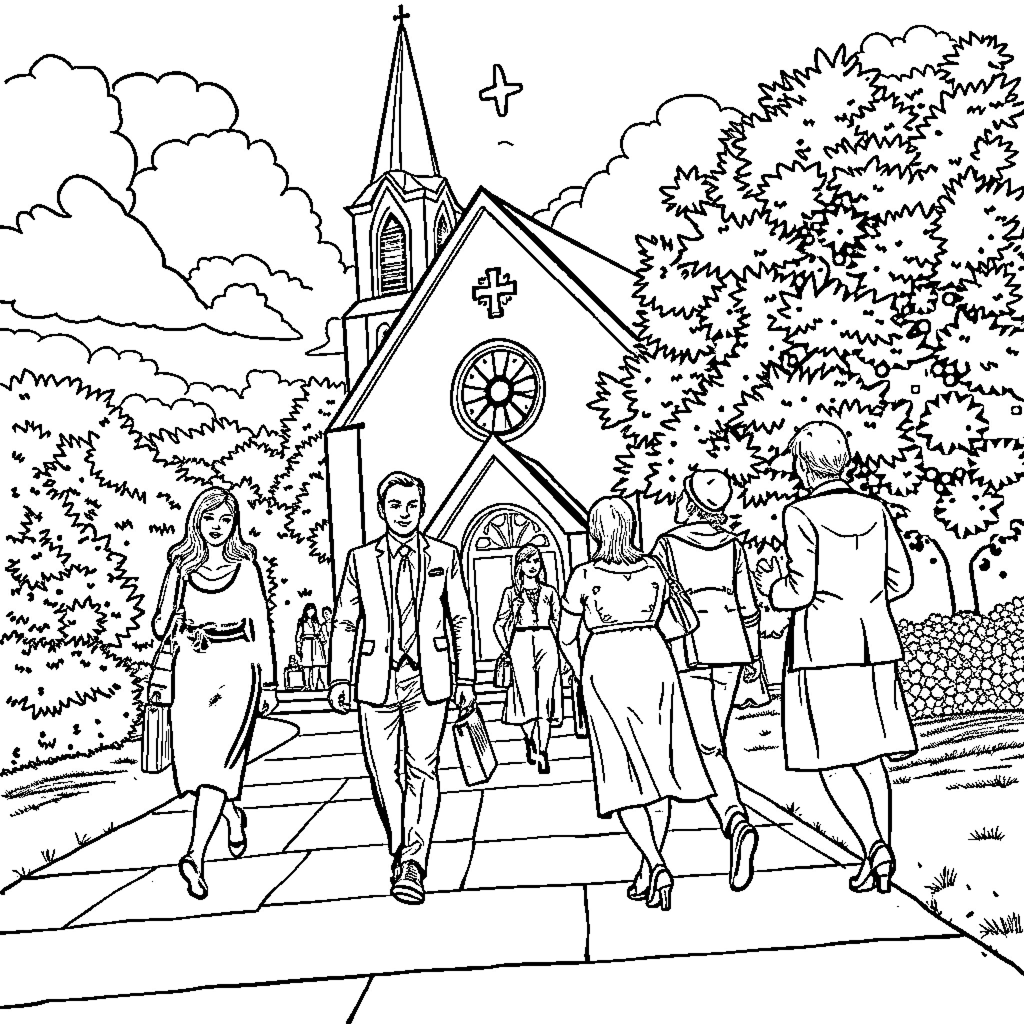 Church family attending service on a sunny day Coloring Page (free black-and-white line drawing printable PDF for all, from beginners to advanced learners, including children, teens, adults, and seniors)
