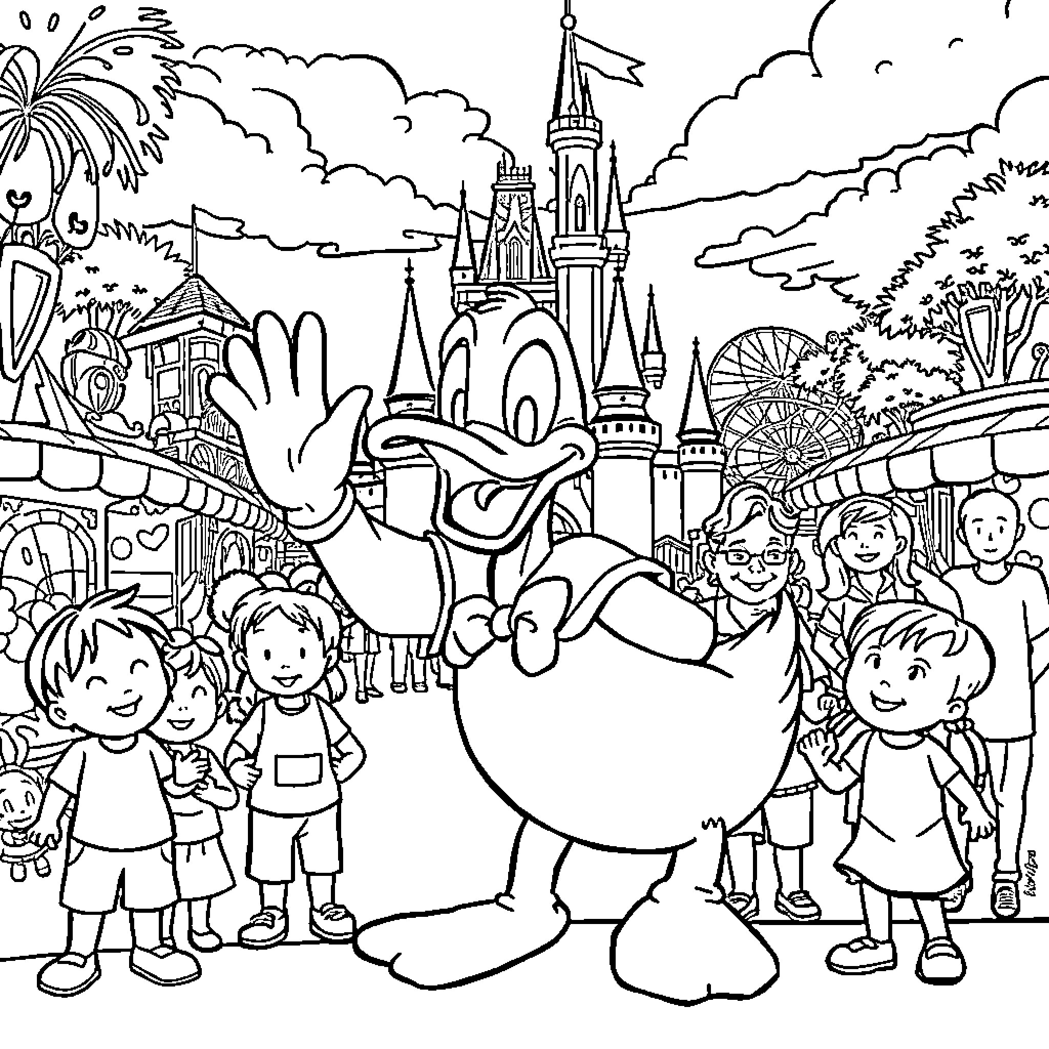 Donald Duck Entertaining Guests at the Magical Amusement Park Coloring Page (free black-and-white line drawing printable PDF for all, from beginners to advanced learners, including children, teens, adults, and seniors)