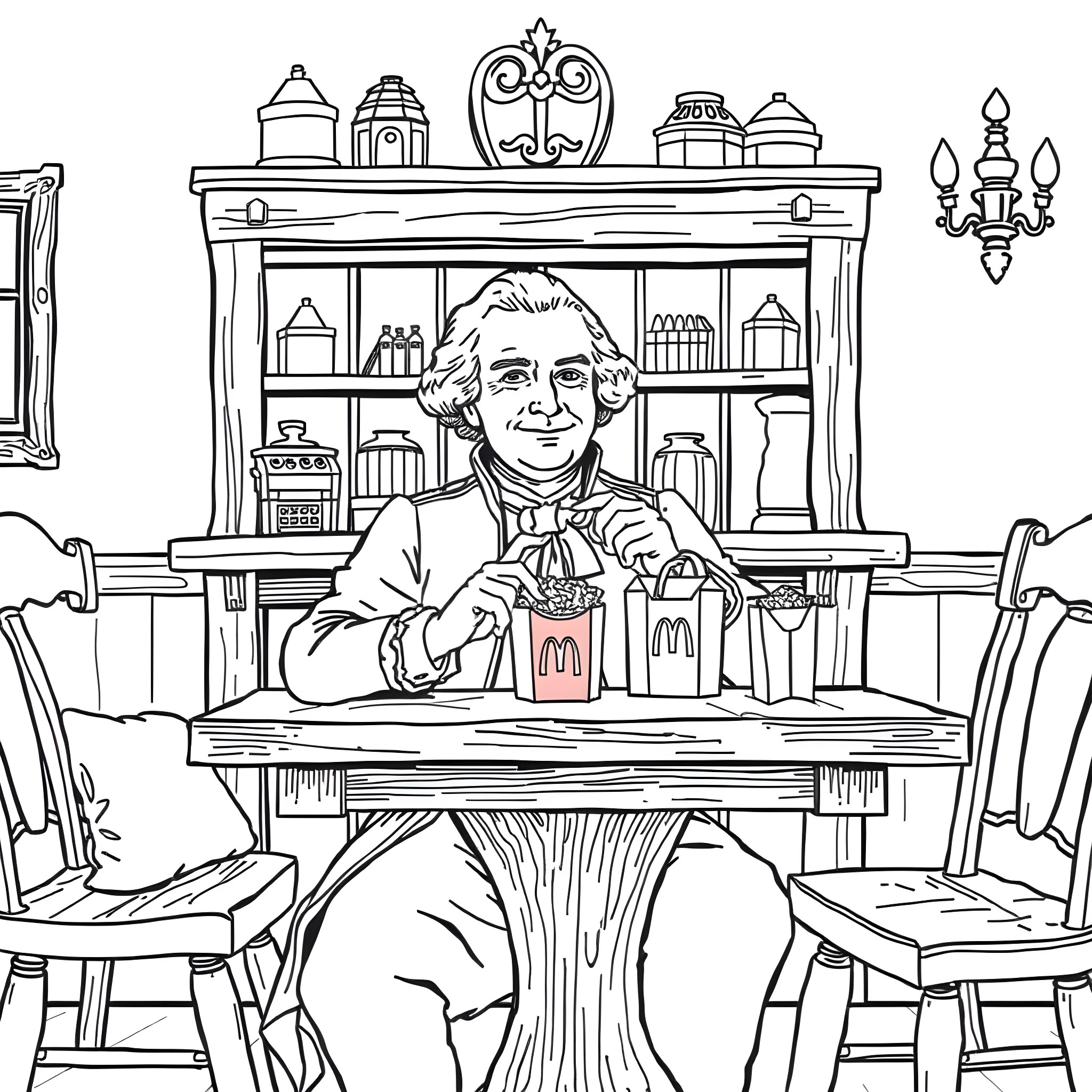 George Washington depicted in a colonial-style study Coloring Page (free black-and-white line drawing printable PDF for all, from beginners to advanced learners, including children, teens, adults, and seniors)