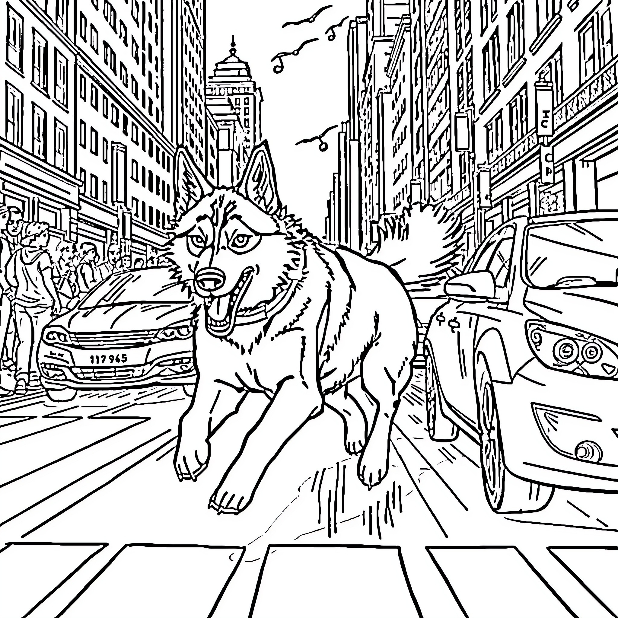 Husky crossing city street amid skyscrapers and vehicles Coloring Page (free black-and-white line drawing printable PDF for all, from beginners to advanced learners, including children, teens, adults, and seniors)