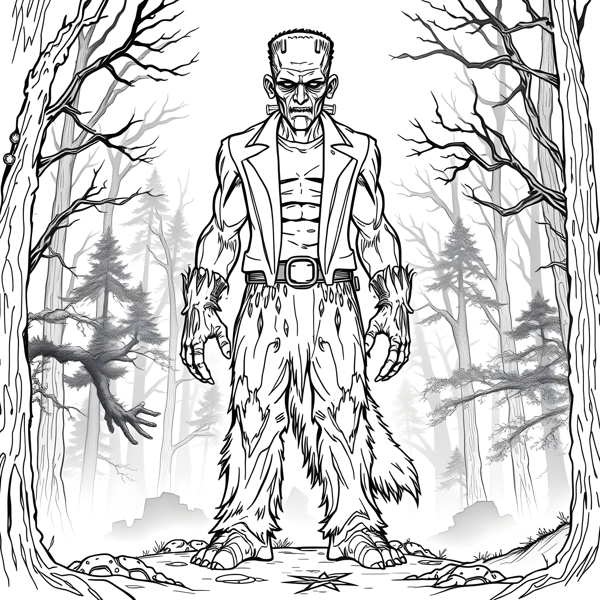Frankenwolf in the haunting forest Coloring Page (free black-and-white line drawing printable PDF for all, from beginners to advanced learners, including children, teens, adults, and seniors)