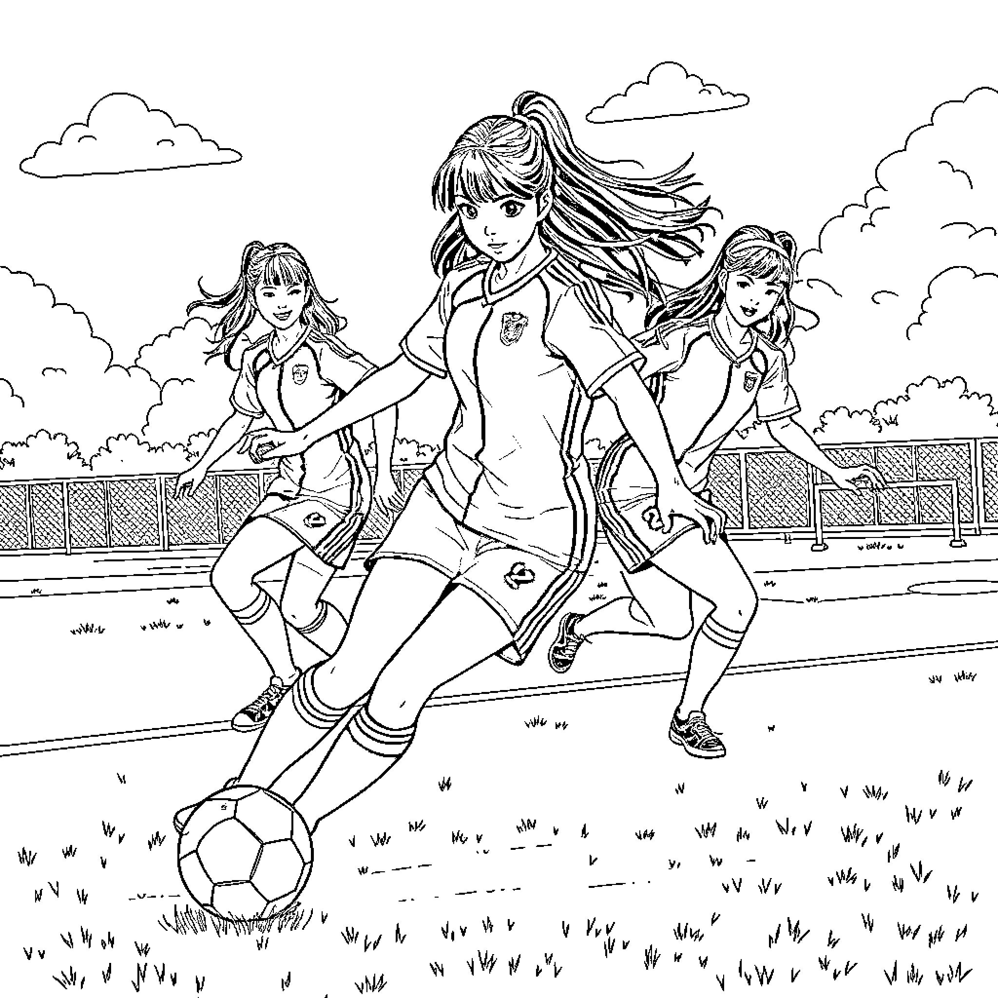 Zowey Soccer Stars Kicking Up the Field Coloring Page (free black-and-white line drawing printable PDF for all, from beginners to advanced learners, including children, teens, adults, and seniors)