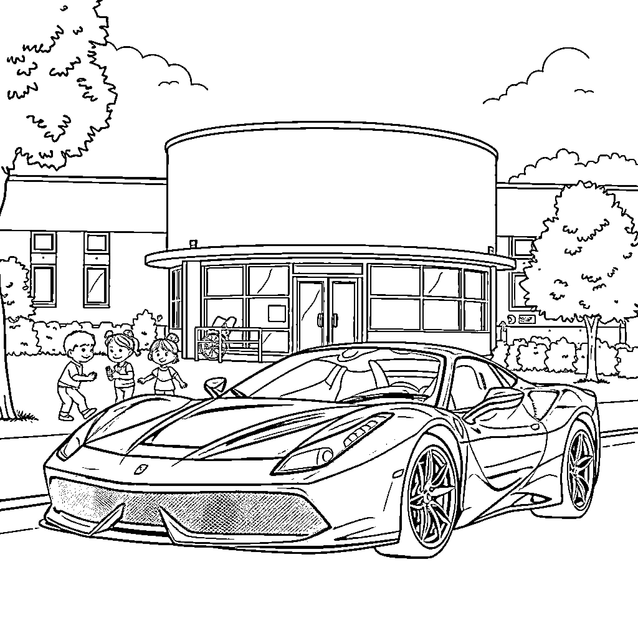 Ferrari sports car on display in front of a building Coloring Page (free black-and-white line drawing printable PDF for all, from beginners to advanced learners, including children, teens, adults, and seniors)