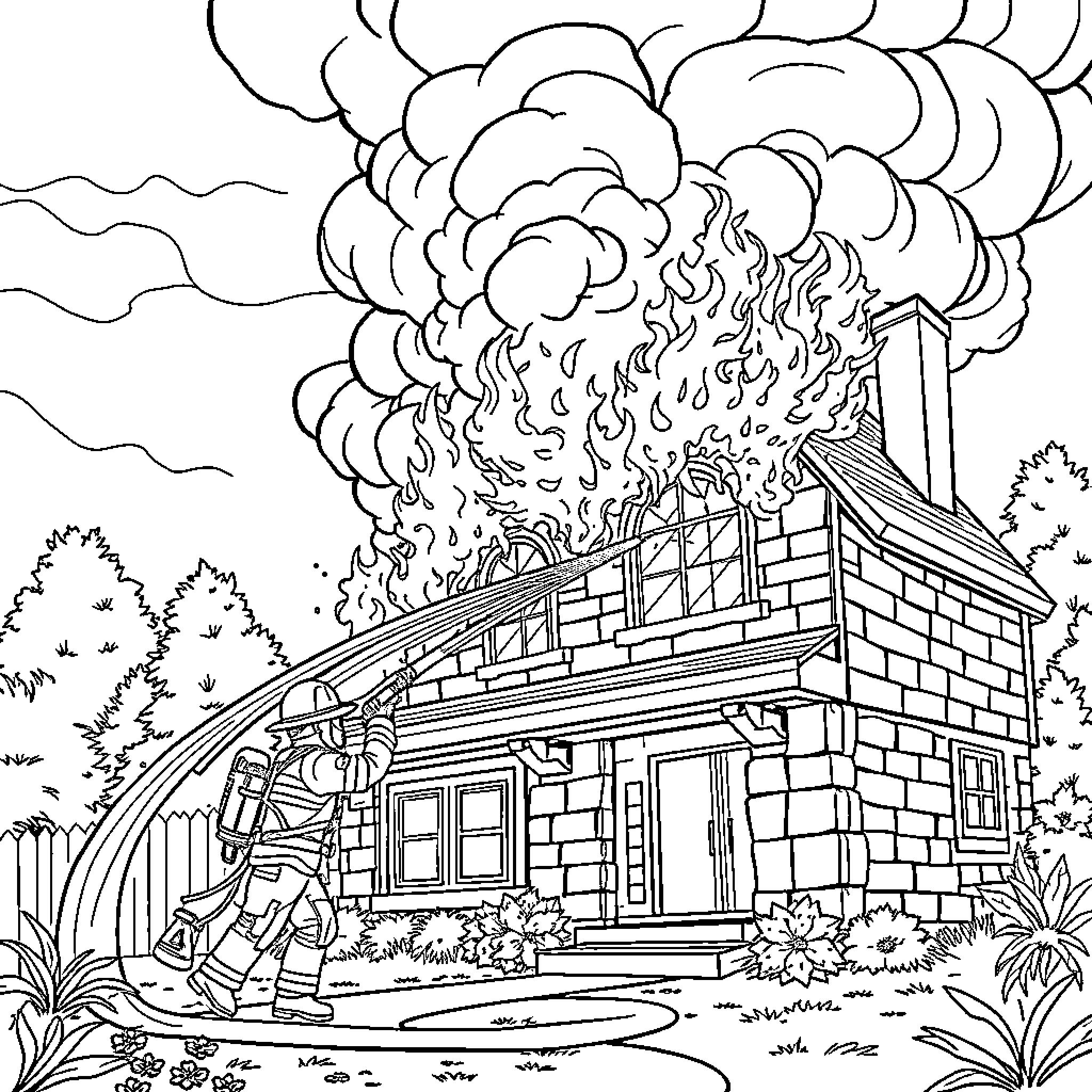Firefighter battling a blazing house fire Coloring Page (free black-and-white line drawing printable PDF for all, from beginners to advanced learners, including children, teens, adults, and seniors)