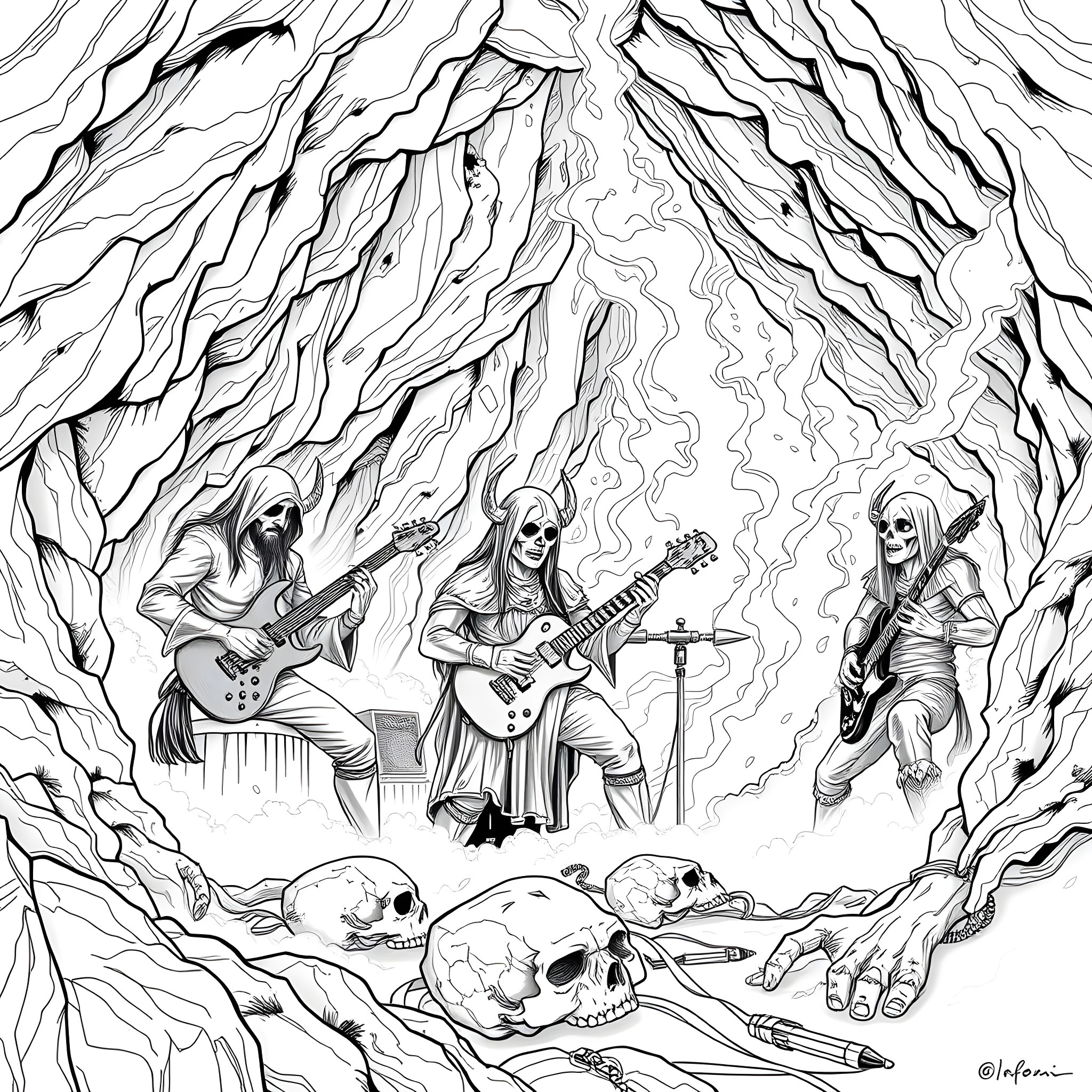 Band playing in a mystical, otherworldly setting Coloring Page (free black-and-white line drawing printable PDF for all, from beginners to advanced learners, including children, teens, adults, and seniors)