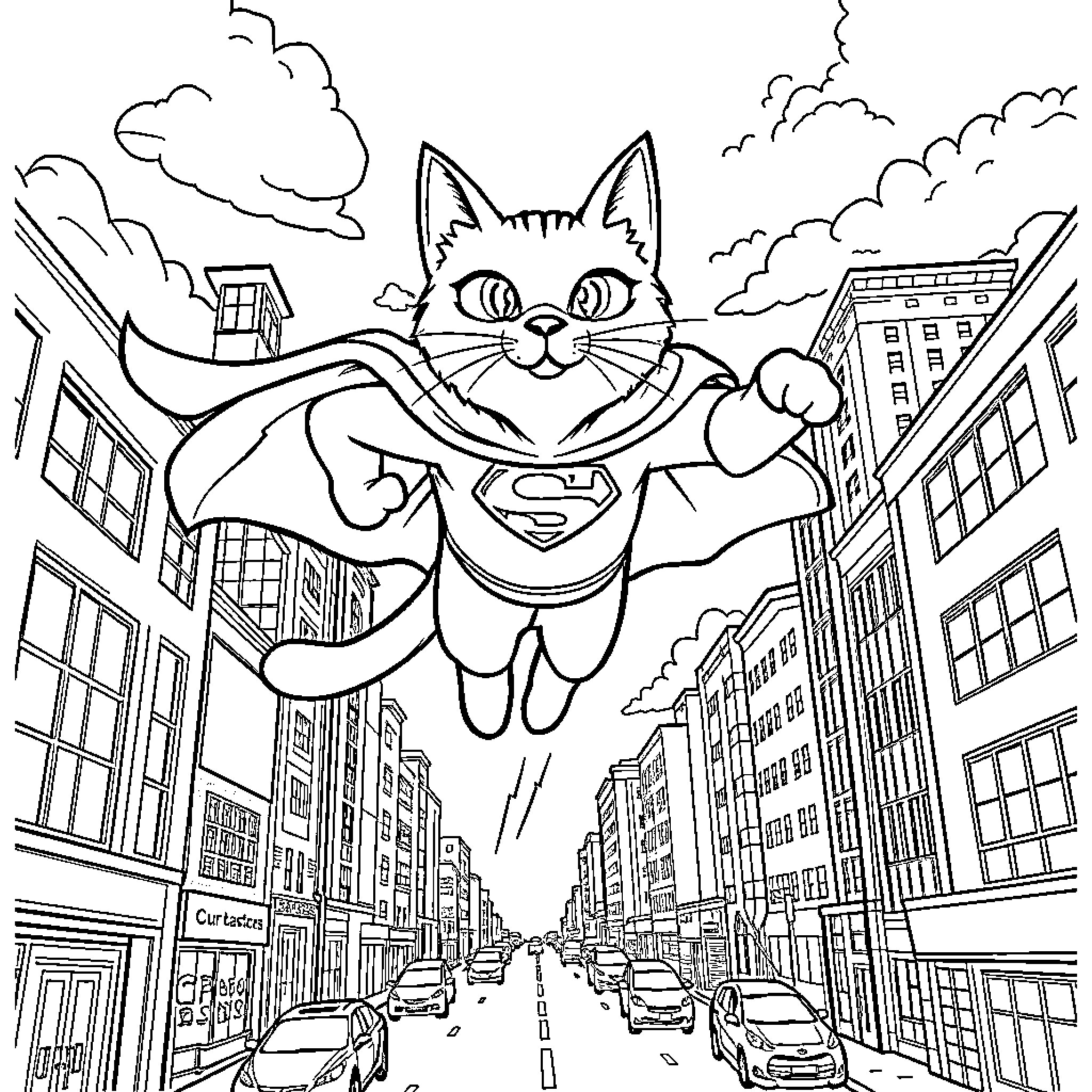 Cat superhero soaring over the city Coloring Page (free black-and-white line drawing printable PDF for all, from beginners to advanced learners, including children, teens, adults, and seniors)