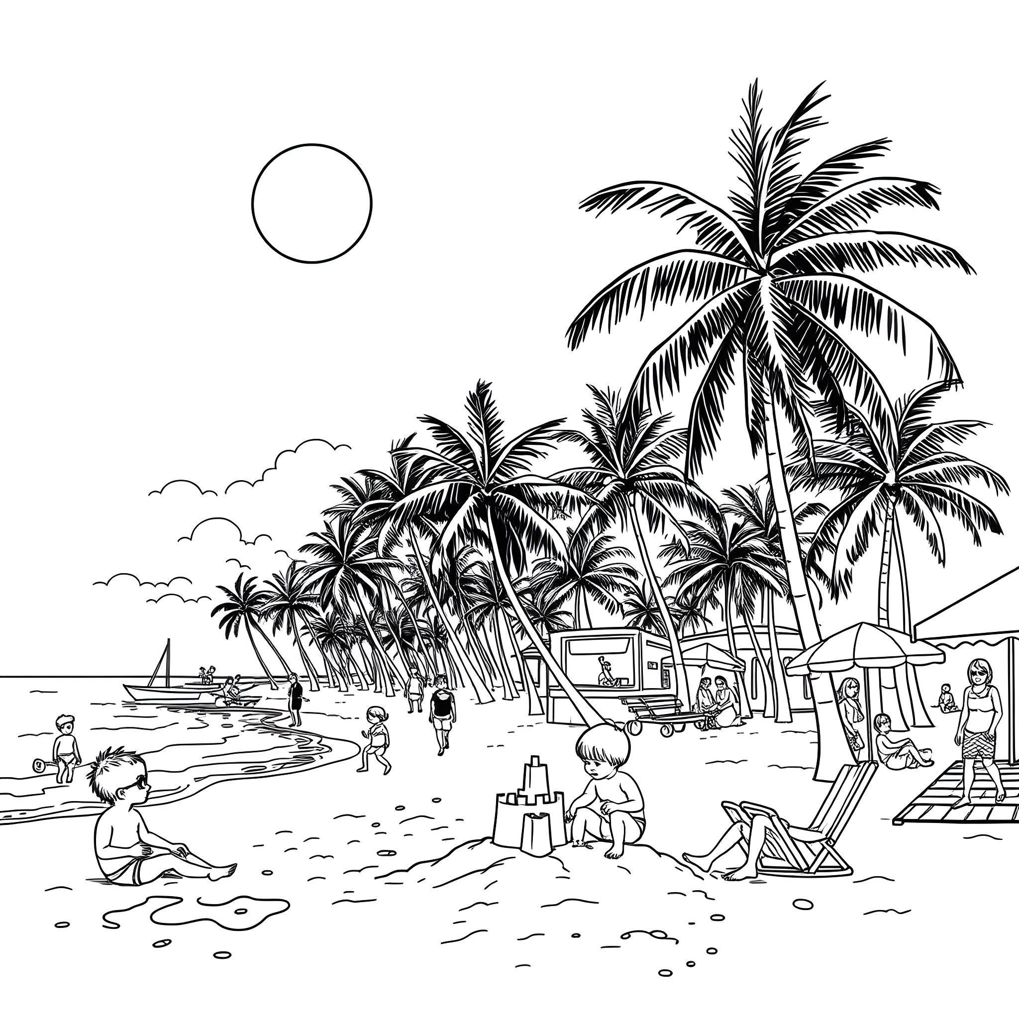 Florida beach scene with palm trees and people relaxing Coloring Page (free black-and-white line drawing printable PDF for all, from beginners to advanced learners, including children, teens, adults, and seniors)