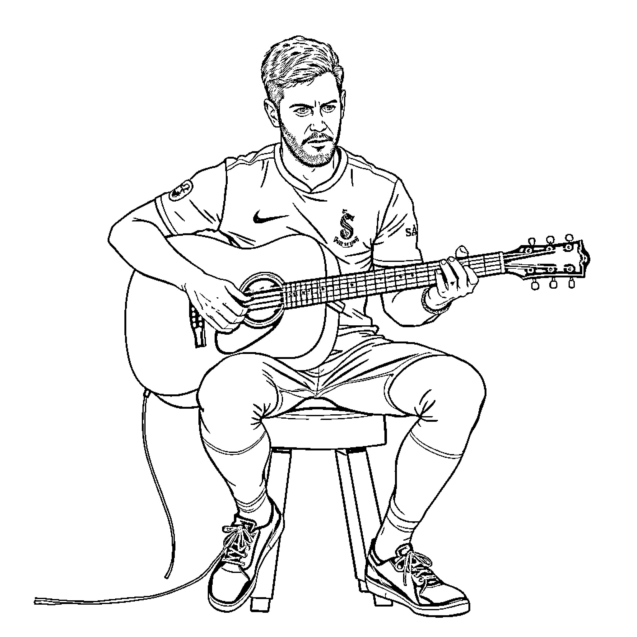 Harry Kane playing guitar on the sideline Coloring Page (free black-and-white line drawing printable PDF for all, from beginners to advanced learners, including children, teens, adults, and seniors)