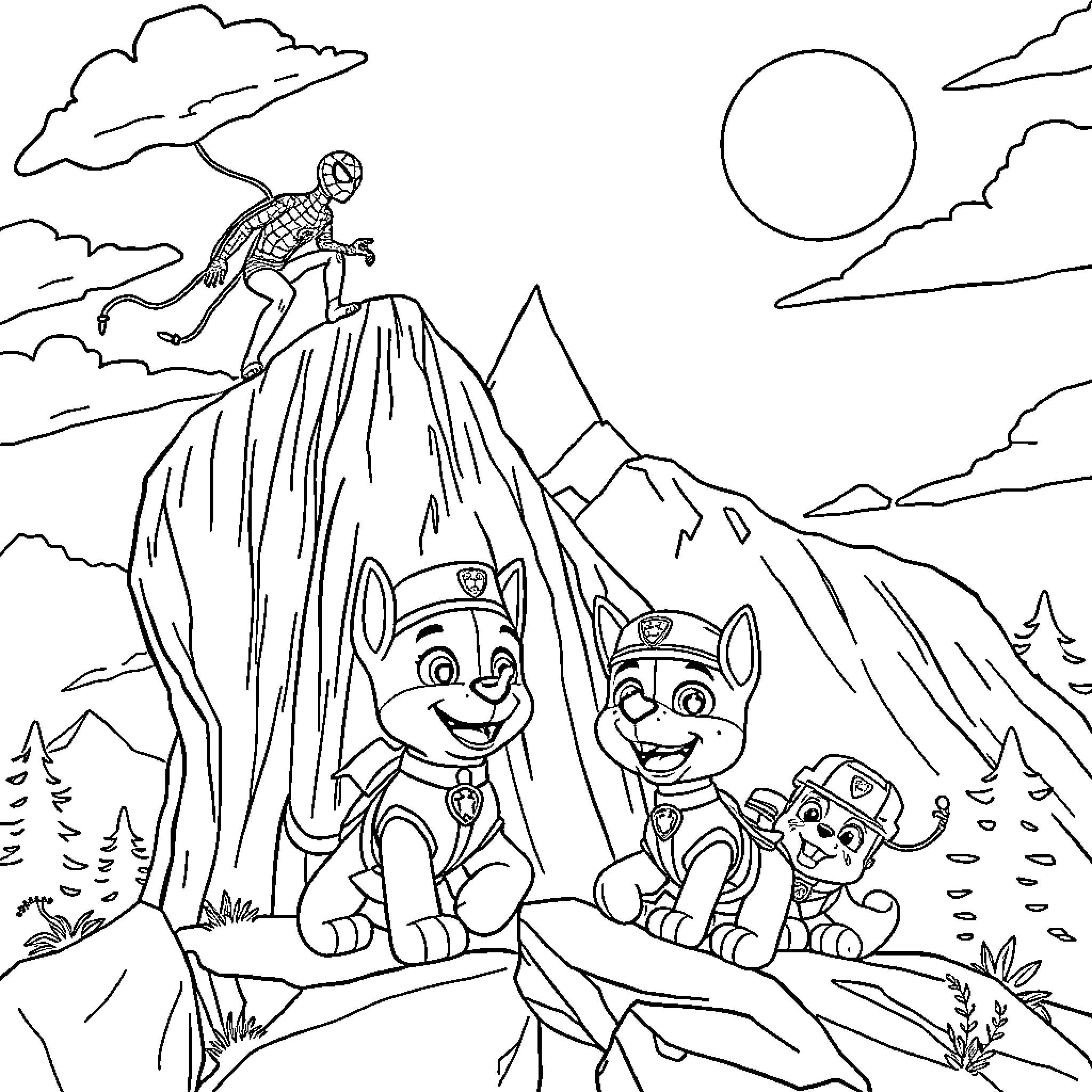 Paw Patrol Superheroes Scaling Mountain Cliffs Coloring Page (free black-and-white line drawing printable PDF for all, from beginners to advanced learners, including children, teens, adults, and seniors)