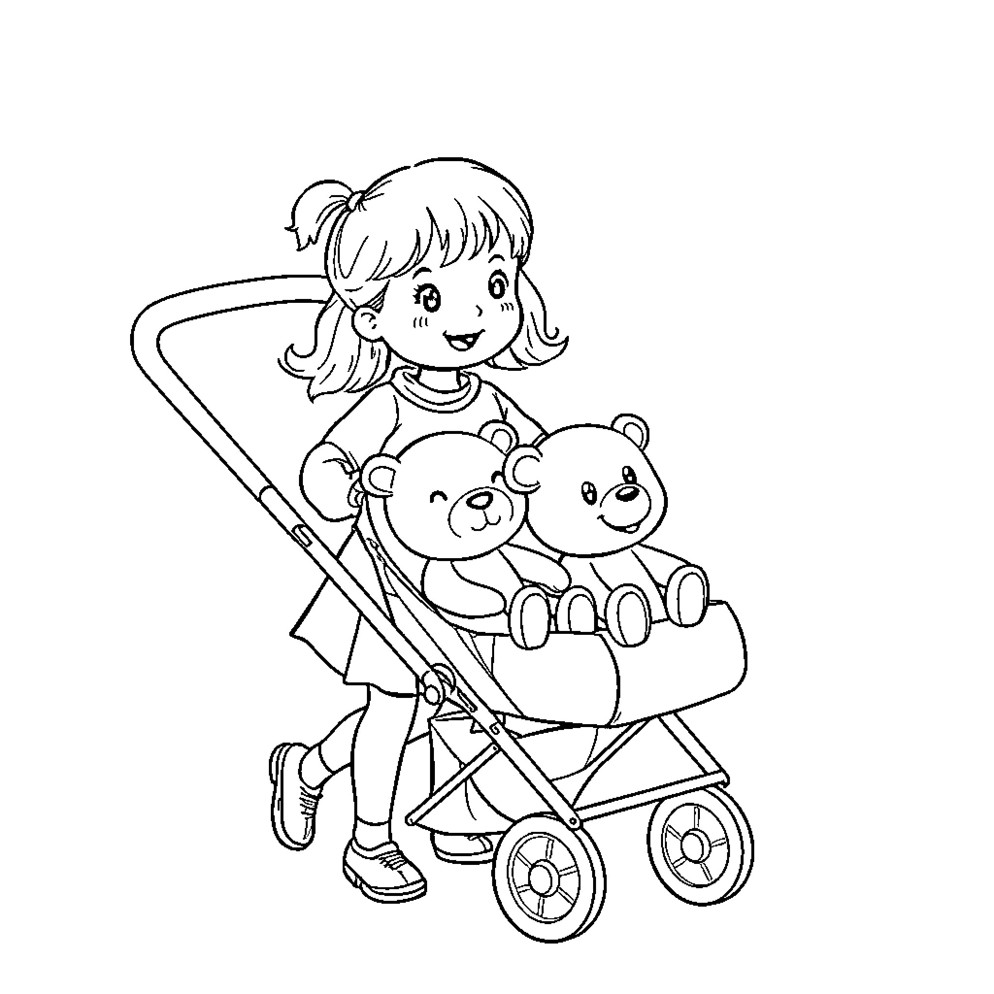 Girl pushing stroller with teddy bears Coloring Page (free black-and-white line drawing printable PDF for all, from beginners to advanced learners, including children, teens, adults, and seniors)