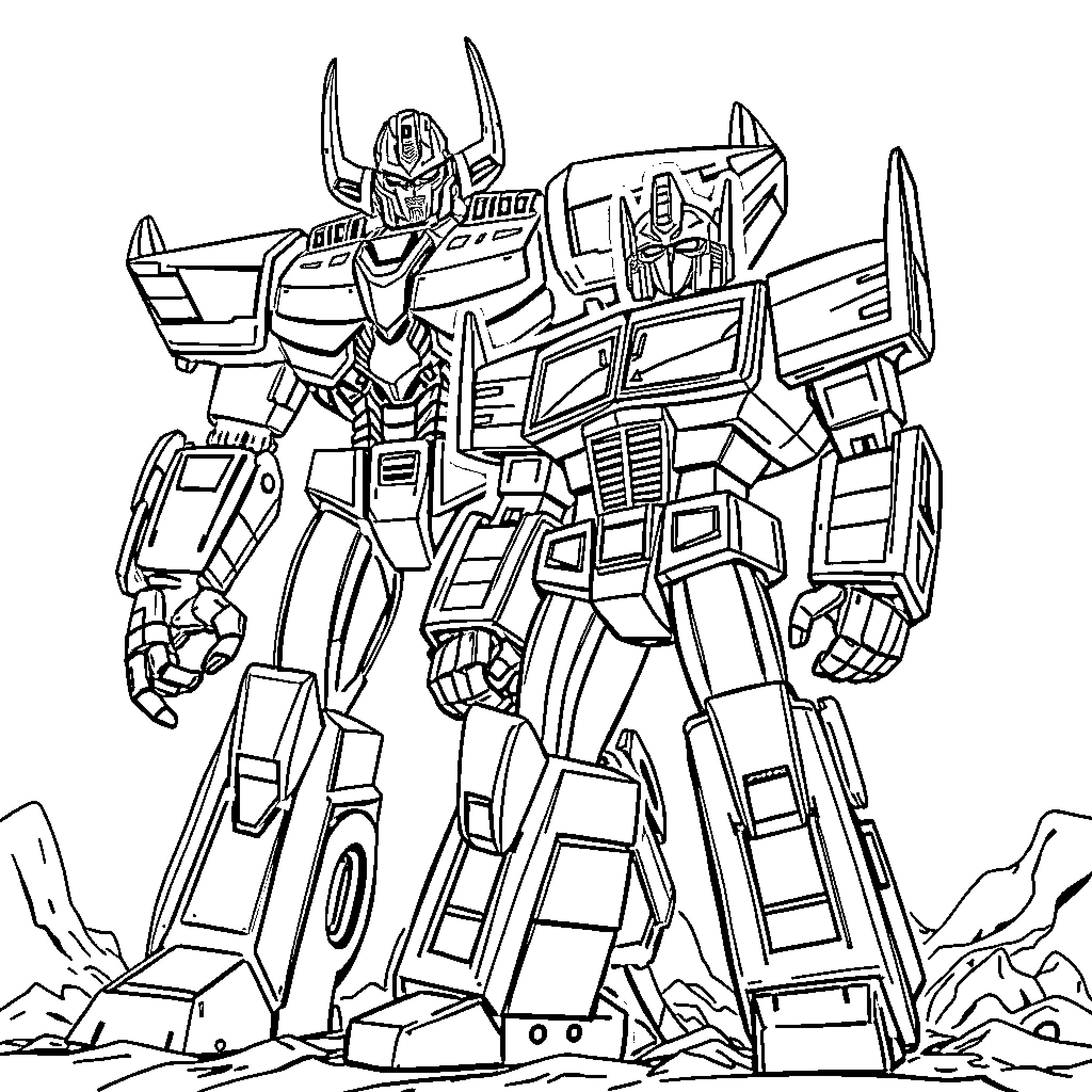 Octomus Prime in Epic Robotic Battle Pose Coloring Page (free black-and-white line drawing printable PDF for all, from beginners to advanced learners, including children, teens, adults, and seniors)