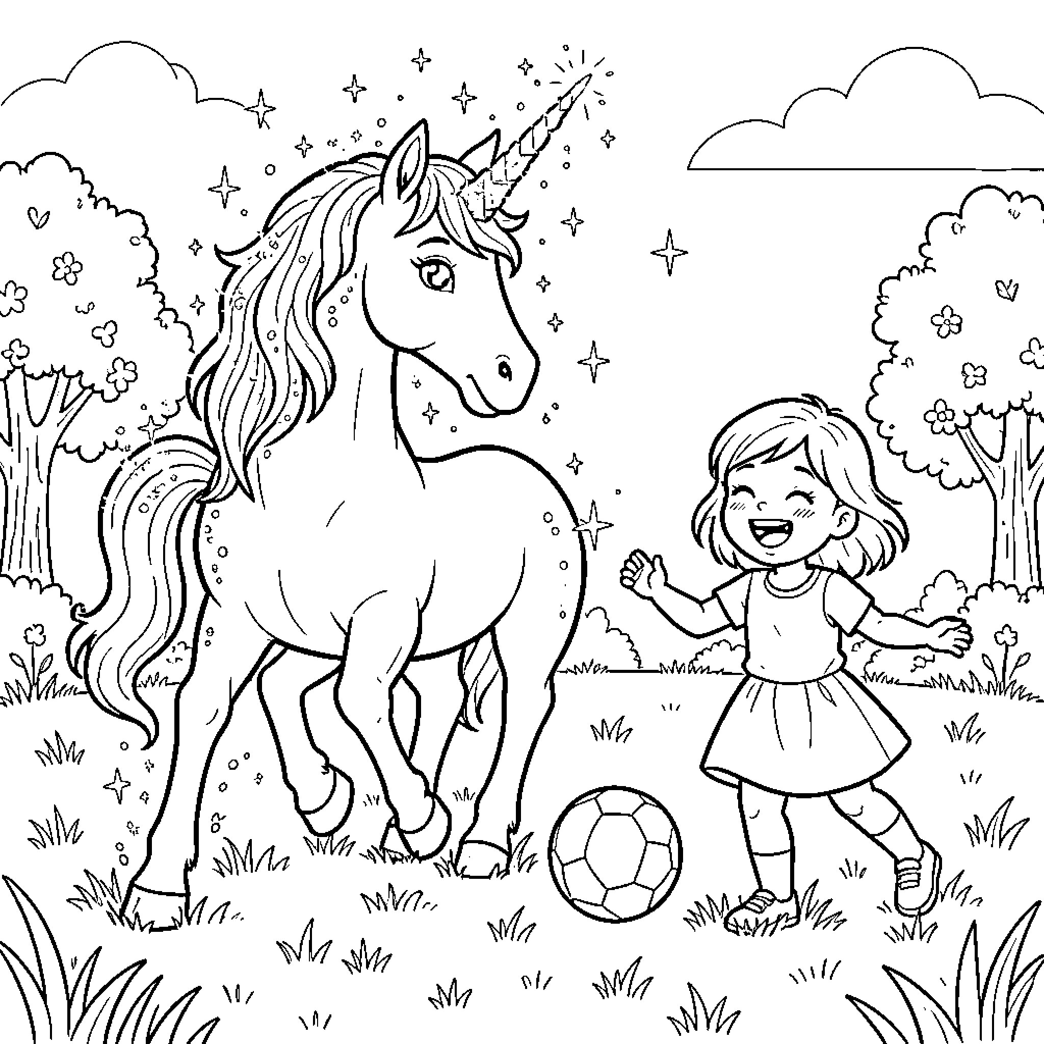 Unicorn and a Girl Playing Together in the Enchanted Forest Coloring Page (free black-and-white line drawing printable PDF for all, from beginners to advanced learners, including children, teens, adults, and seniors)